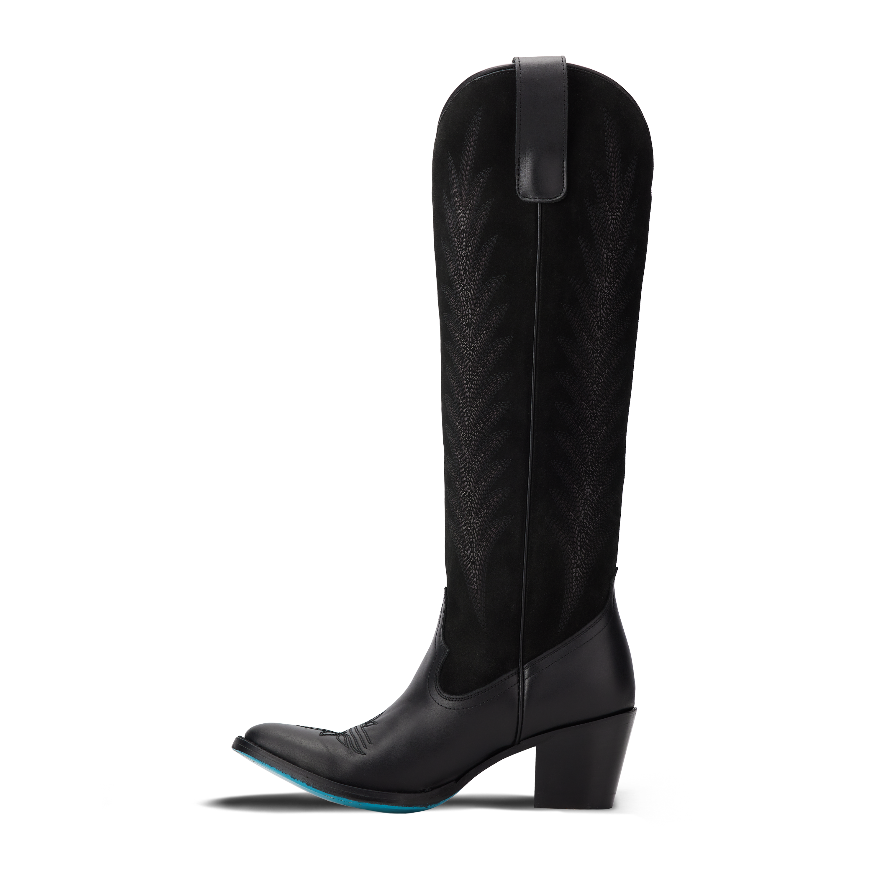 Side view of a tall black cowboy boot with decorative stitching on the shaft, pull tabs at the top, a pointed toe, and a black heel