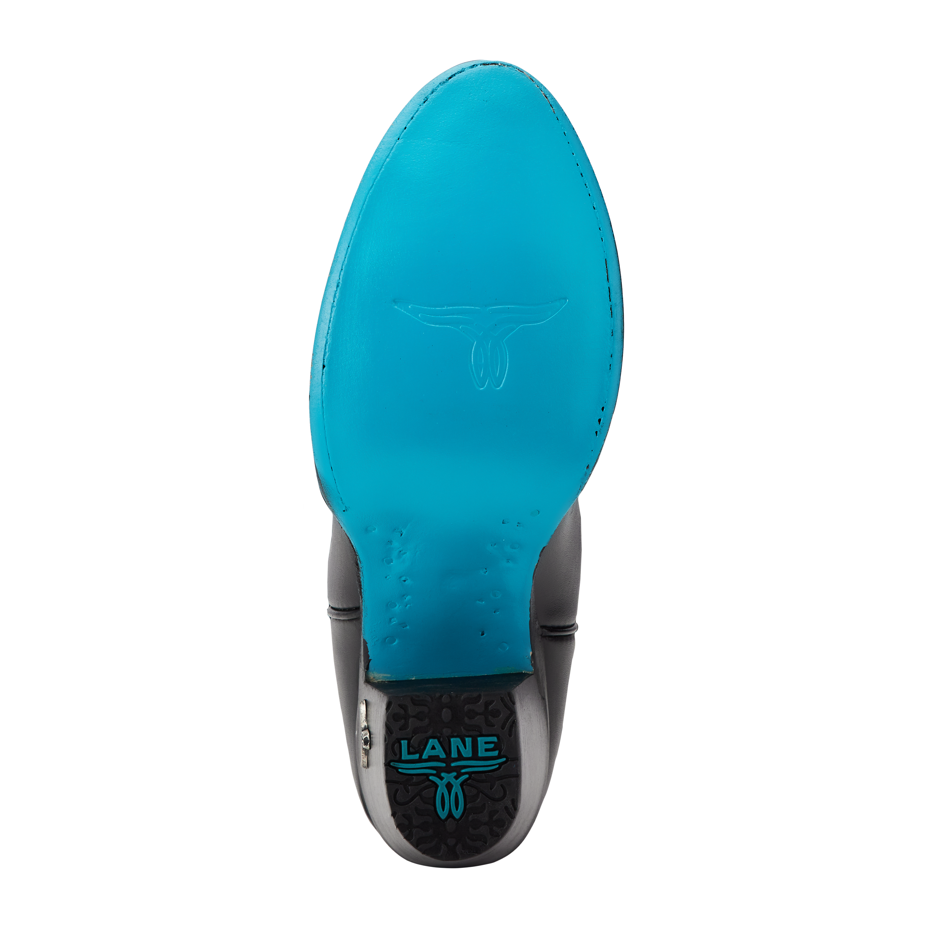 Bottom view of a cowboy boot with a pointed toe and signature turquoise sole featuring a longhorn logo and “Lane” branding near the heel