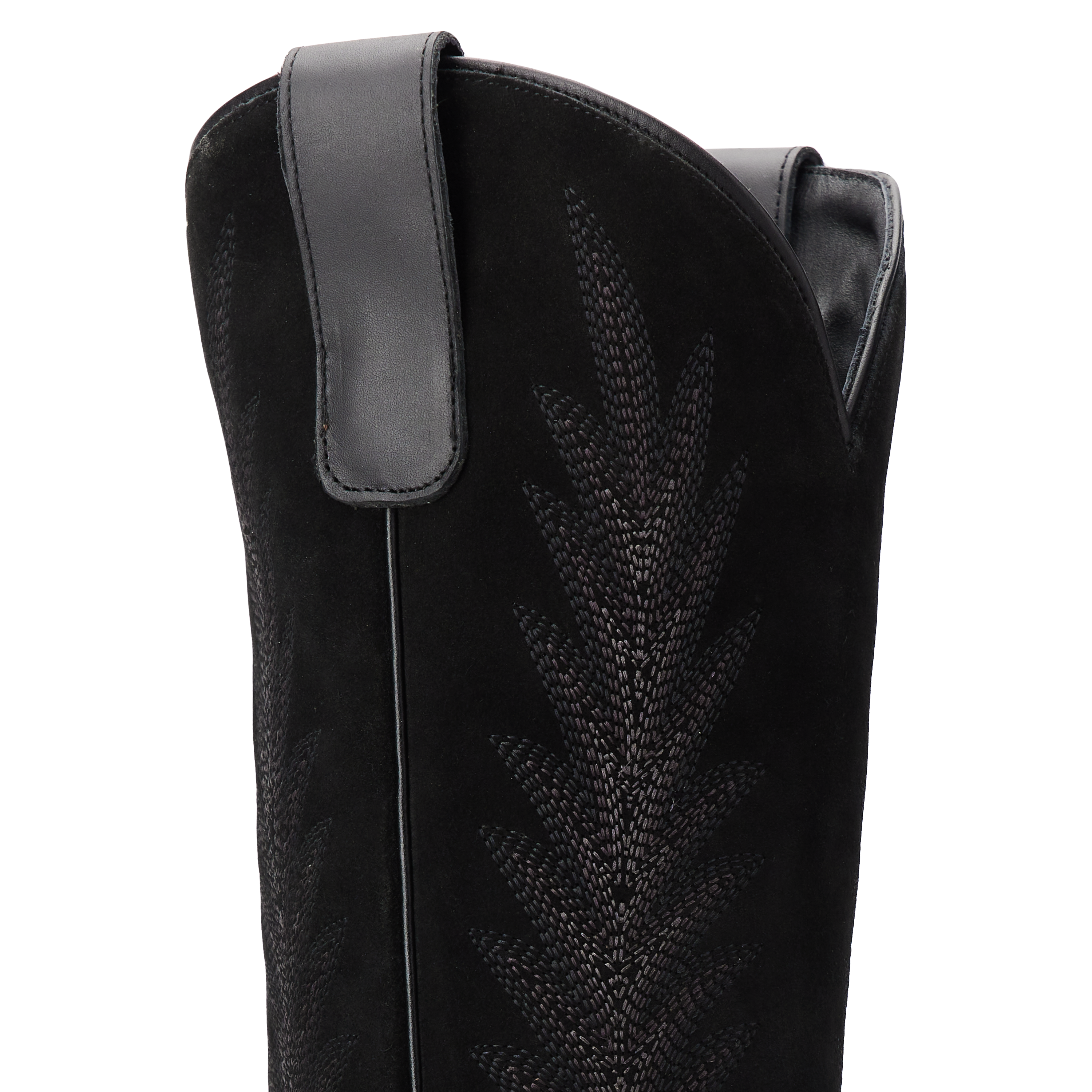 Close-up of the upper shaft of a black cowboy boot featuring detailed stitching in a leafy pattern and side pull tabs