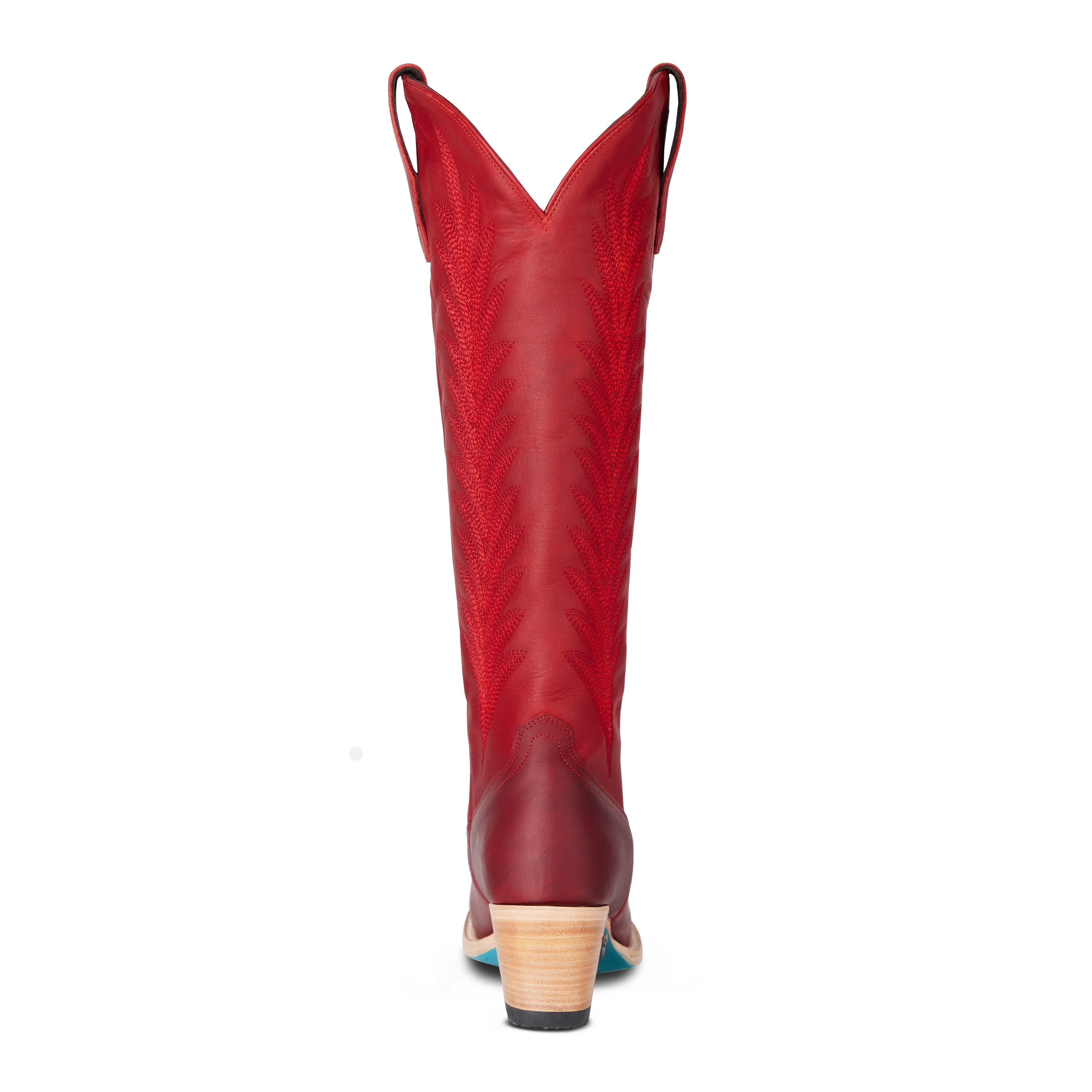 Back view of a tall red cowboy boot with decorative stitching and a stacked wooden heel, on a transparent background