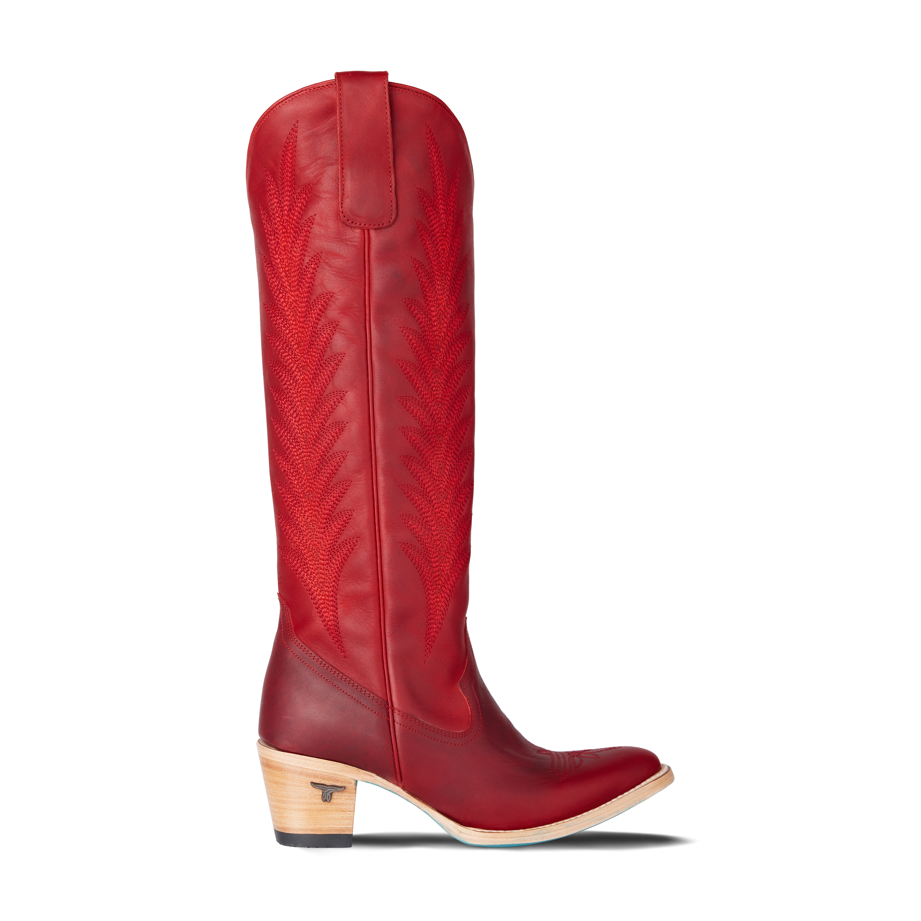 Side view of a tall red cowboy boot with decorative stitching and a stacked wooden heel, on a transparent background