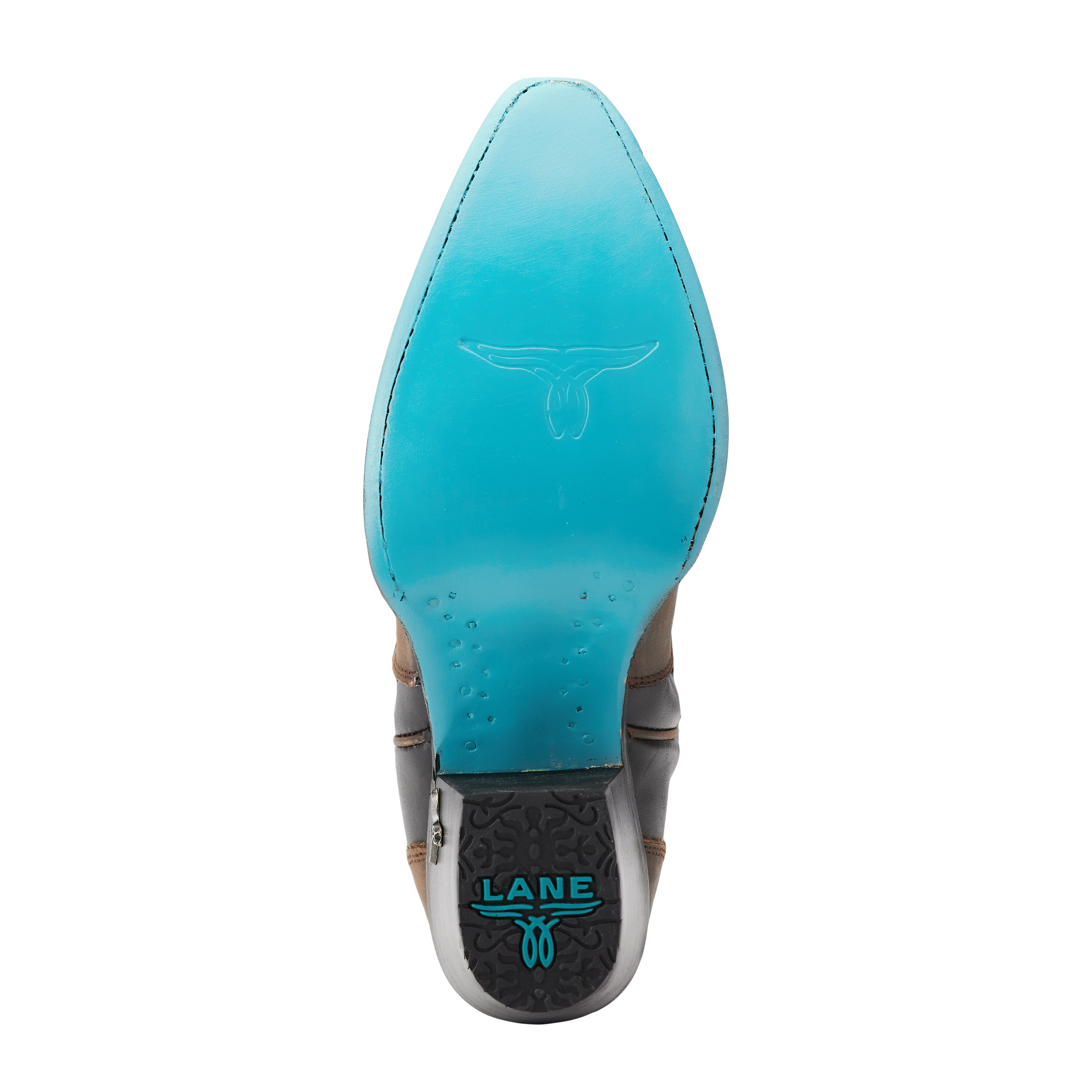 Bottom view of a cowboy boot with a pointed toe and signature turquoise sole featuring a longhorn logo and “Lane” branding near the heel