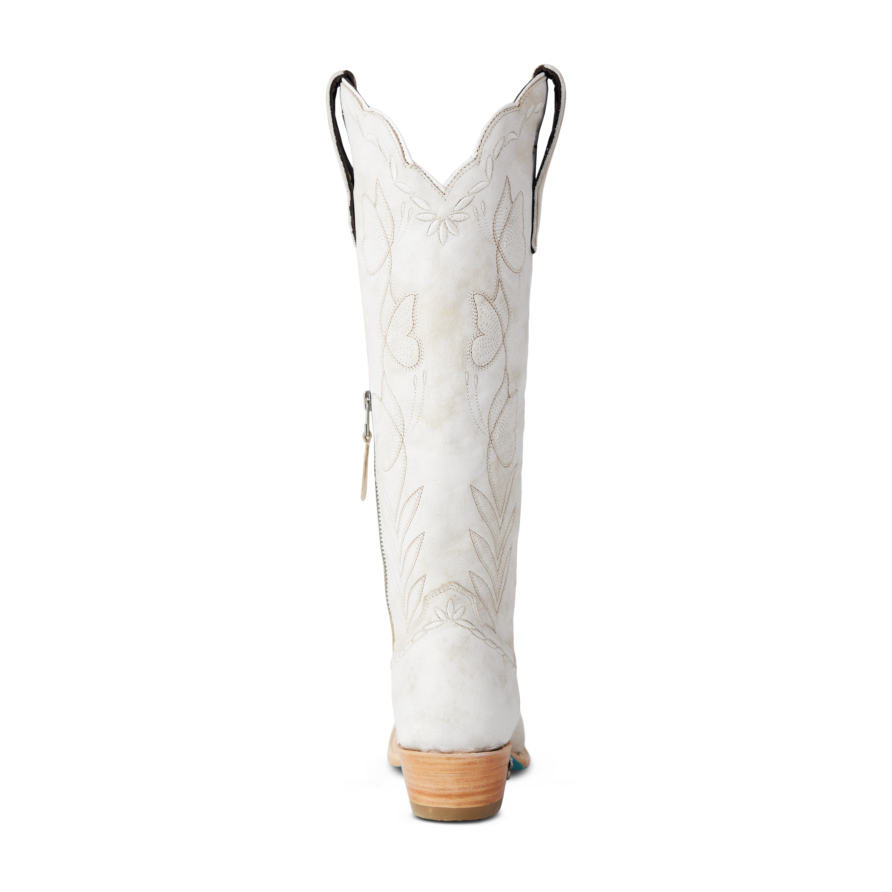 Back view of a tall white cowboy boot with decorative stitching and a stacked wooden heel, on a transparent background