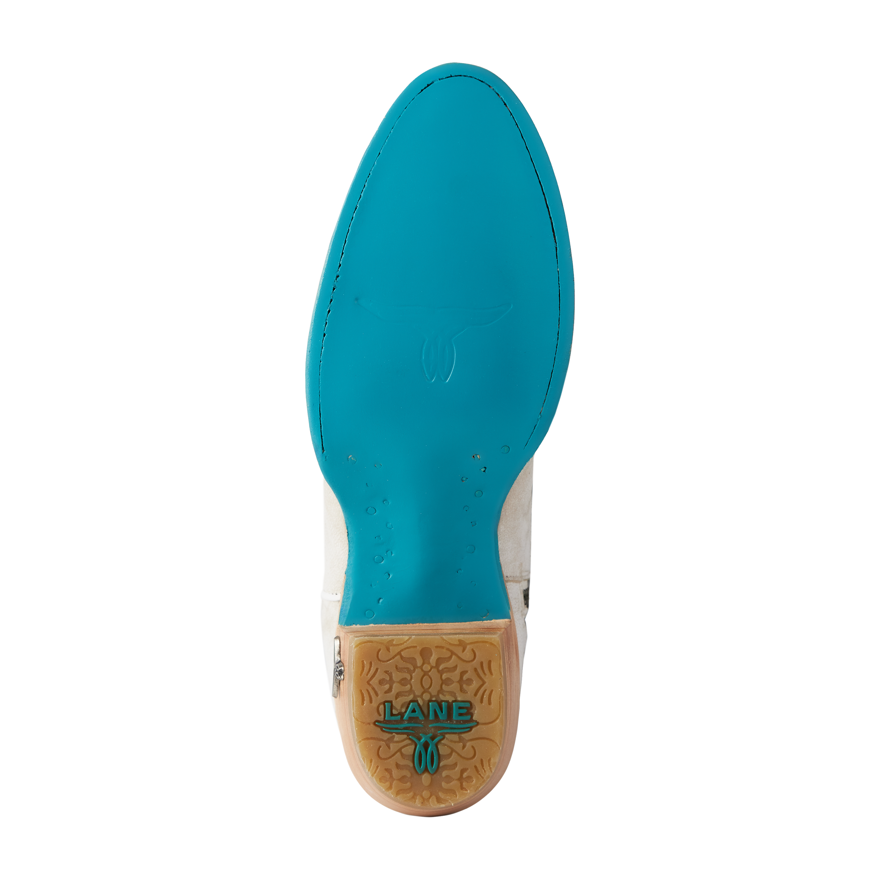 Bottom view of a cowboy boot showing a bright turquoise sole with a subtle longhorn design and tan heel cap with the word “LANE” in turquoise