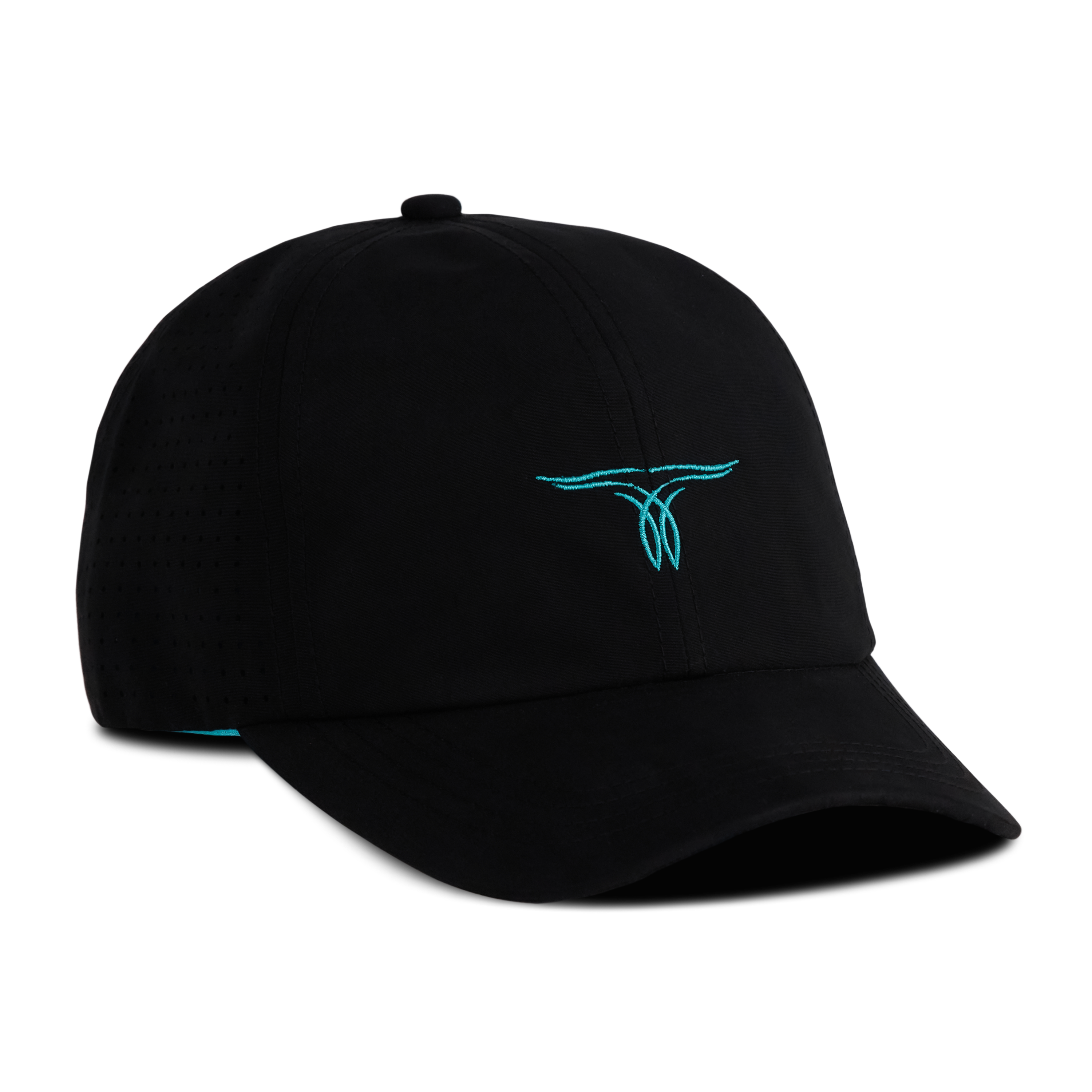 Front view of a black Cinch hat with a turquoise logo and curved brim