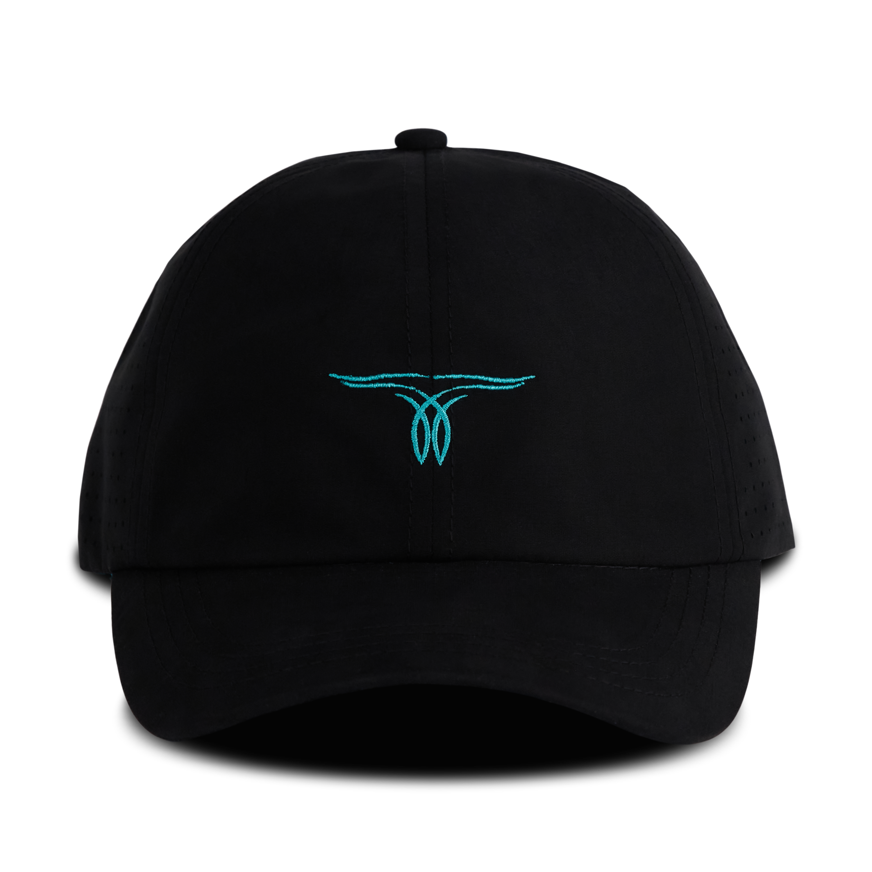 Front view of a black Cinch hat with a turquoise logo and curved brim