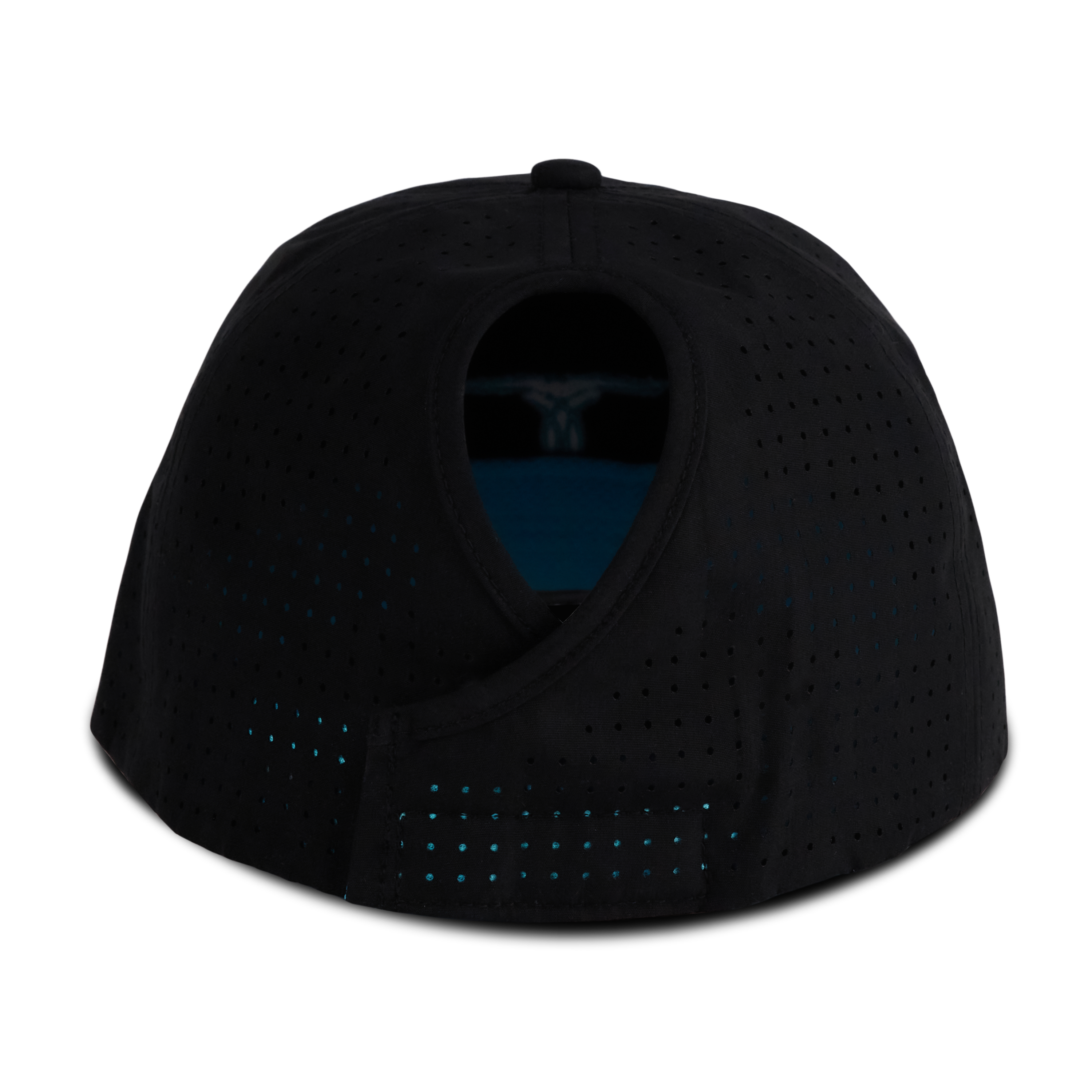 Back view of a black mesh ponytail hat with an open back slot for a ponytail, displayed on a transparent background