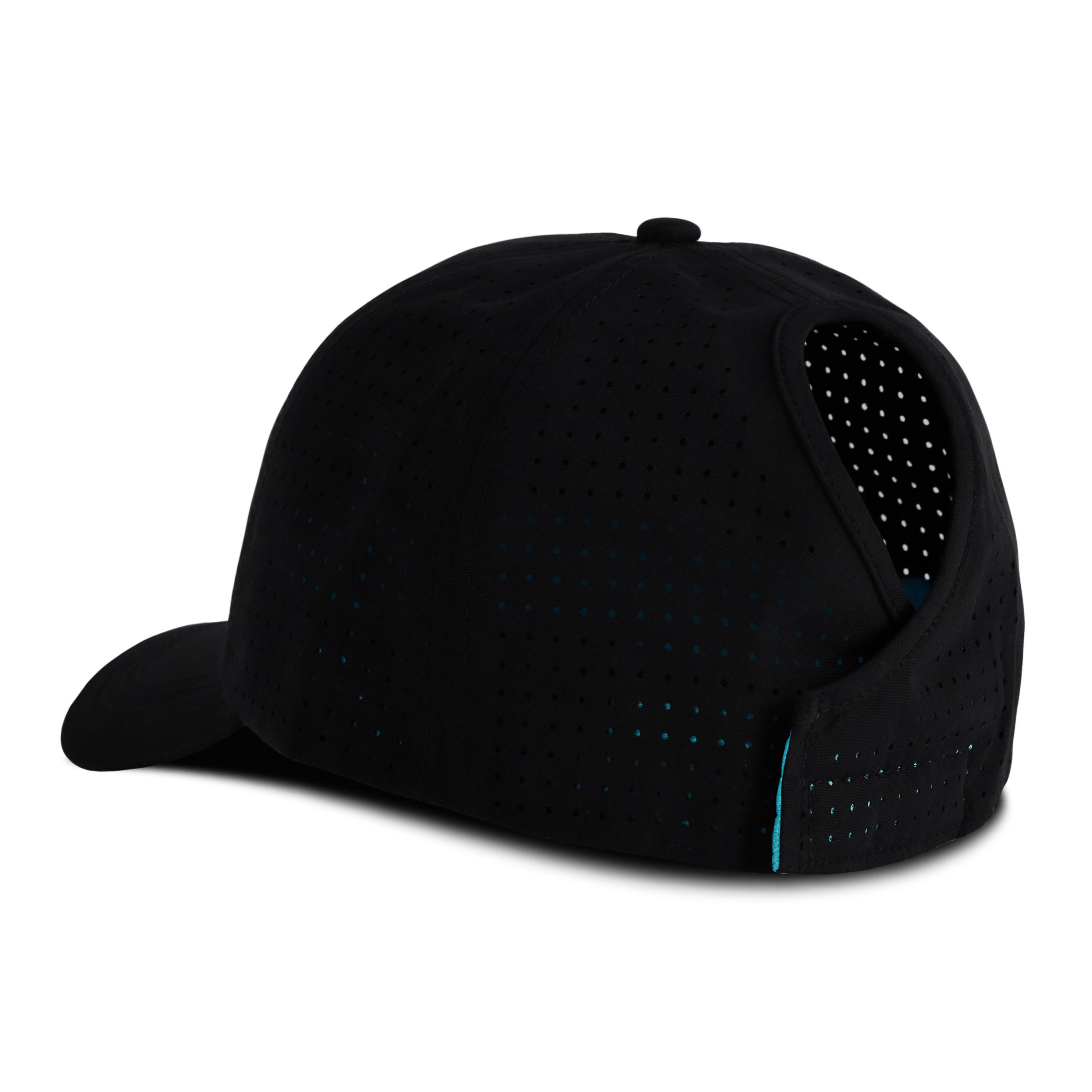 Back view of a black mesh ponytail hat with an open back slot for a ponytail and a curved brim, displayed on a transparent background
