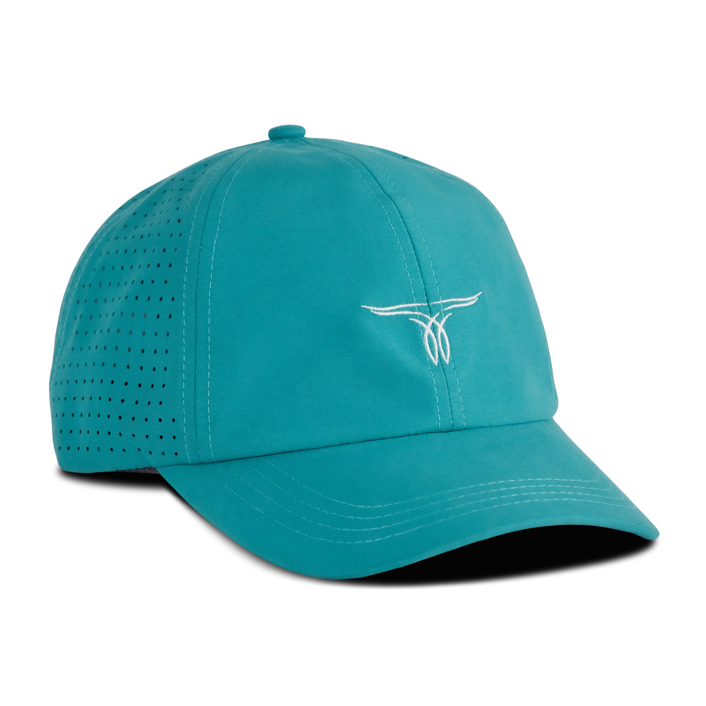 Front/side view of a turquoise hat with a white embroidered logo on the front, a curved brim and a mesh back