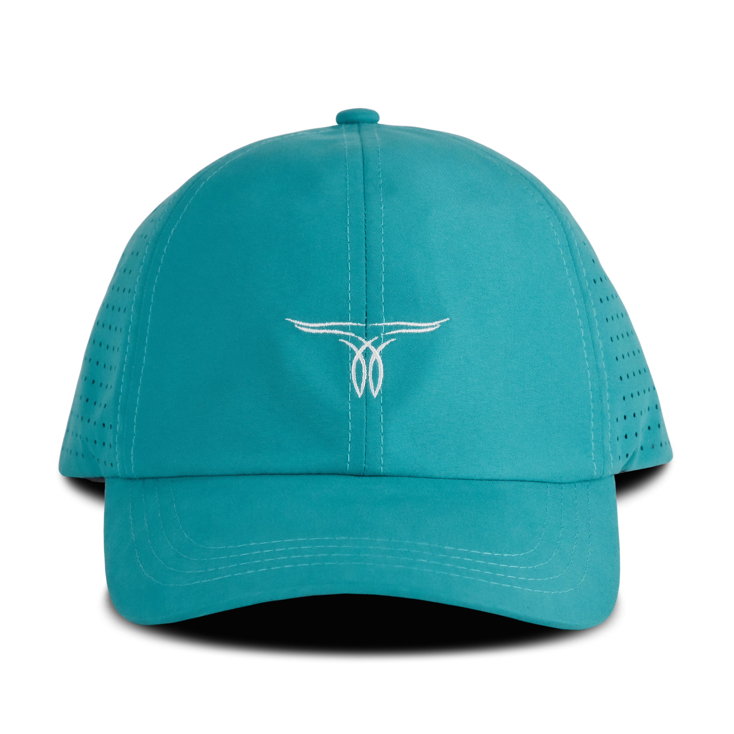 Front view of a turquoise Cinch hat with a white logo and curved brim