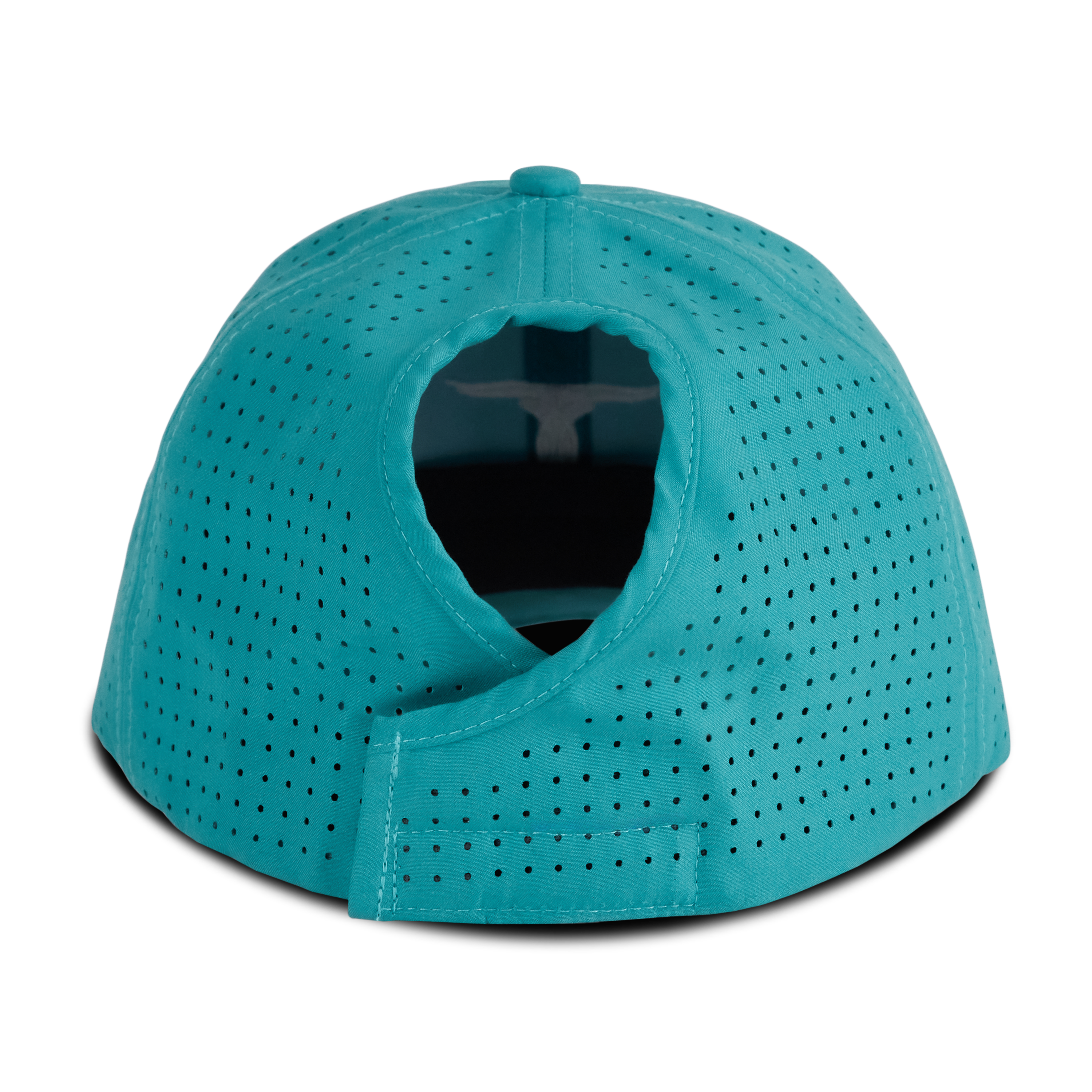 Back view of a turquoise mesh ponytail hat with an open back slot for a ponytail, displayed on a transparent background