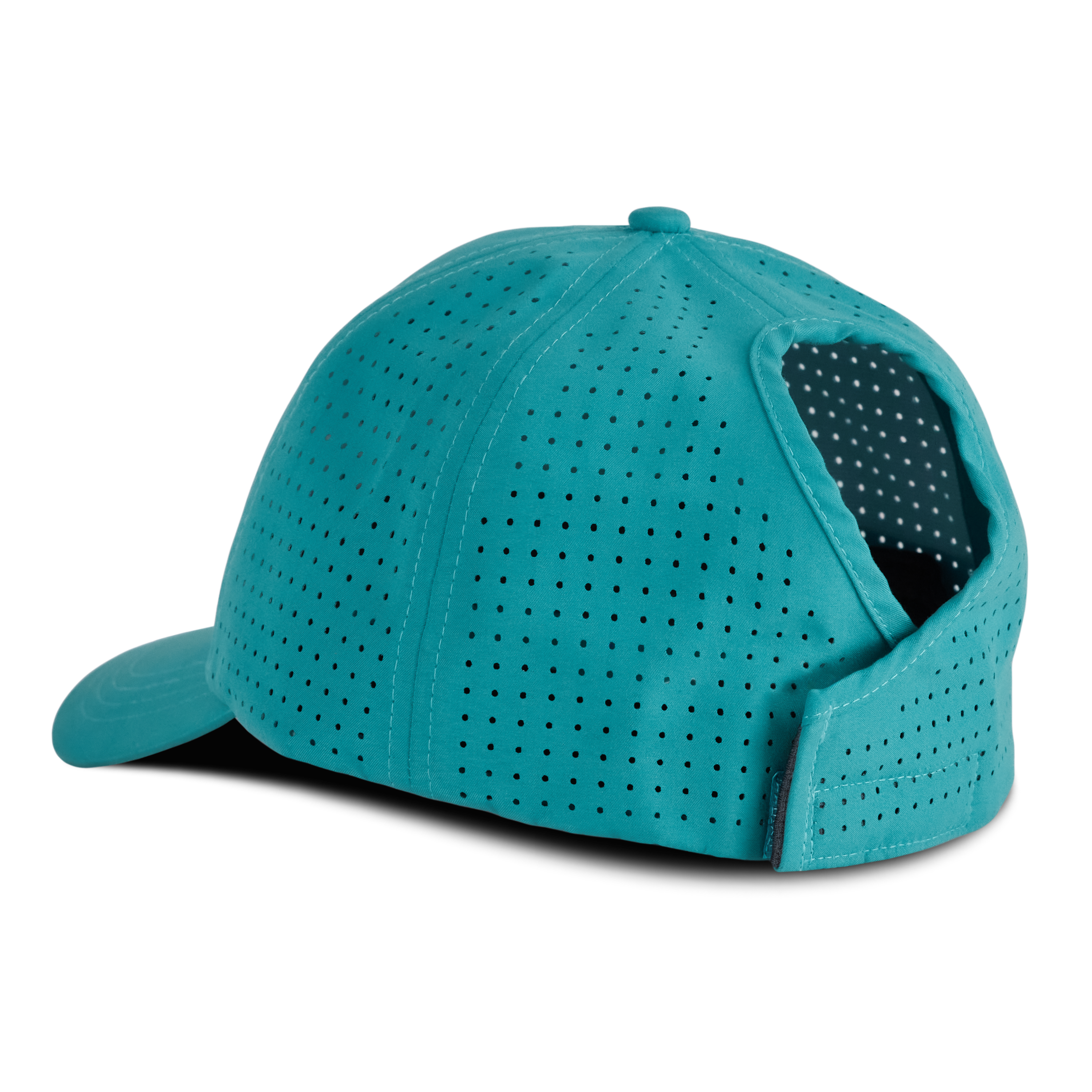Back/side view of a turquoise mesh ponytail hat with an open back slot for a ponytail and a curved brim, displayed on a transparent background