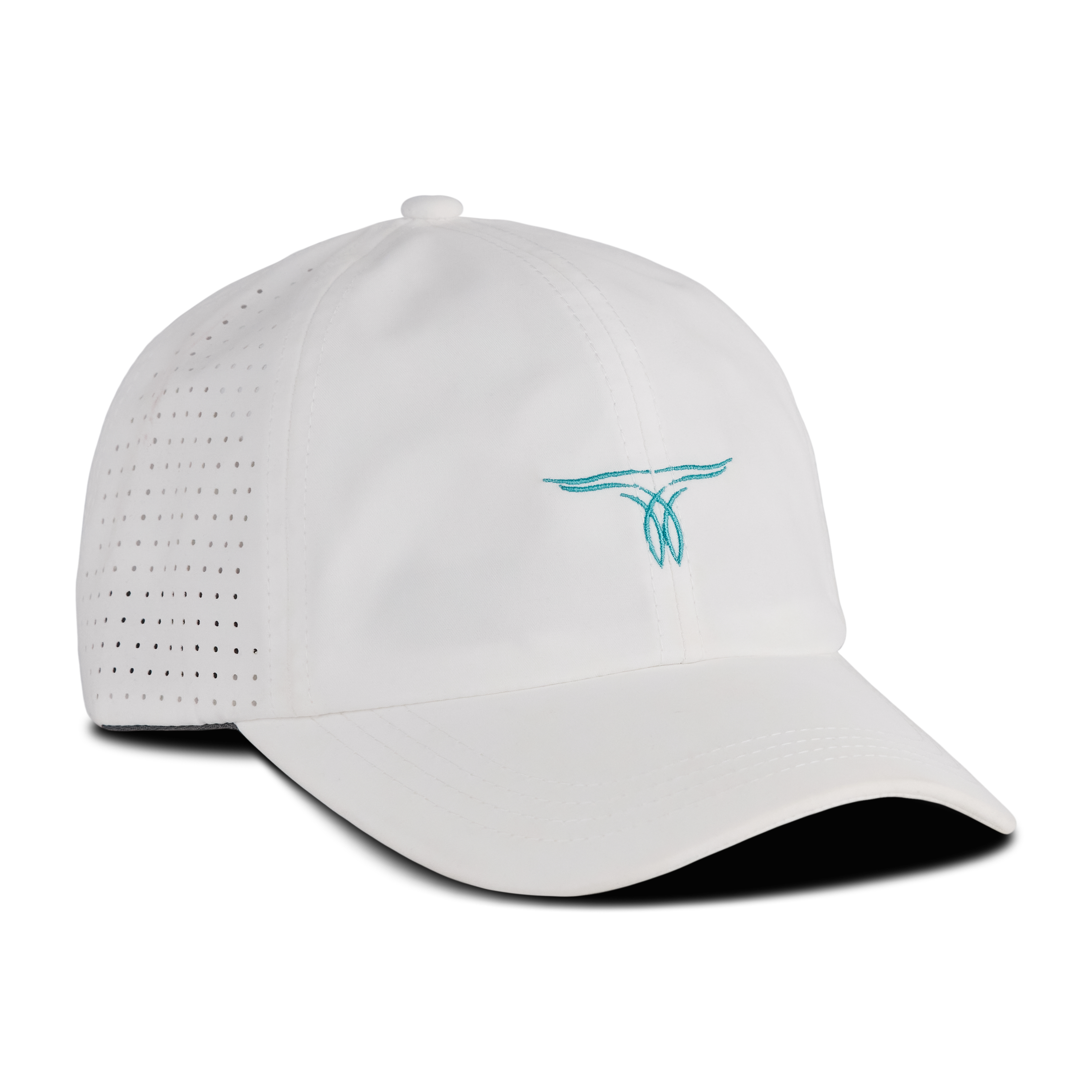 Front/side view of a white hat with a turquoise embroidered logo on the front, a curved brim and a mesh back