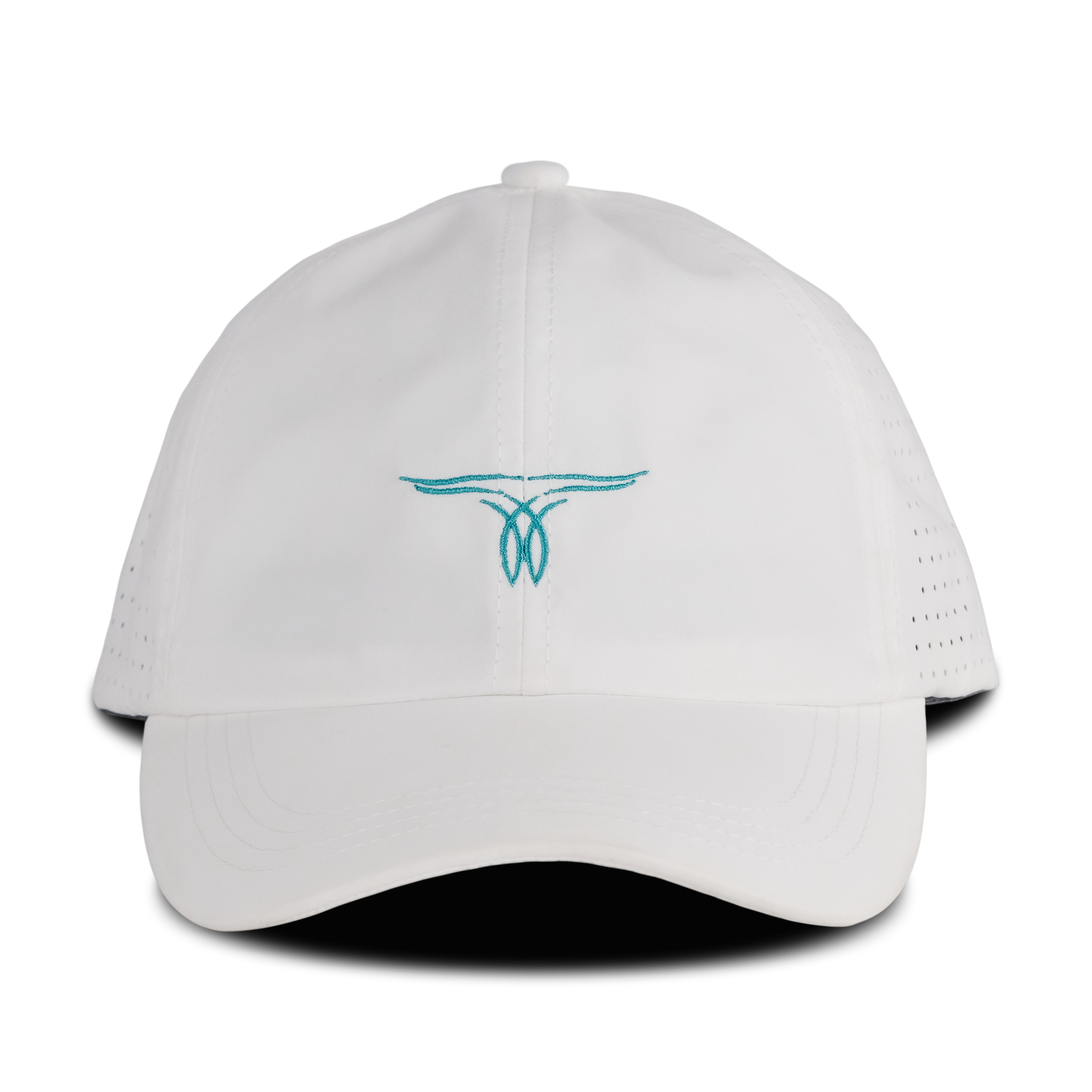 Front view of a white Cinch hat with a turquoise logo and curved brim