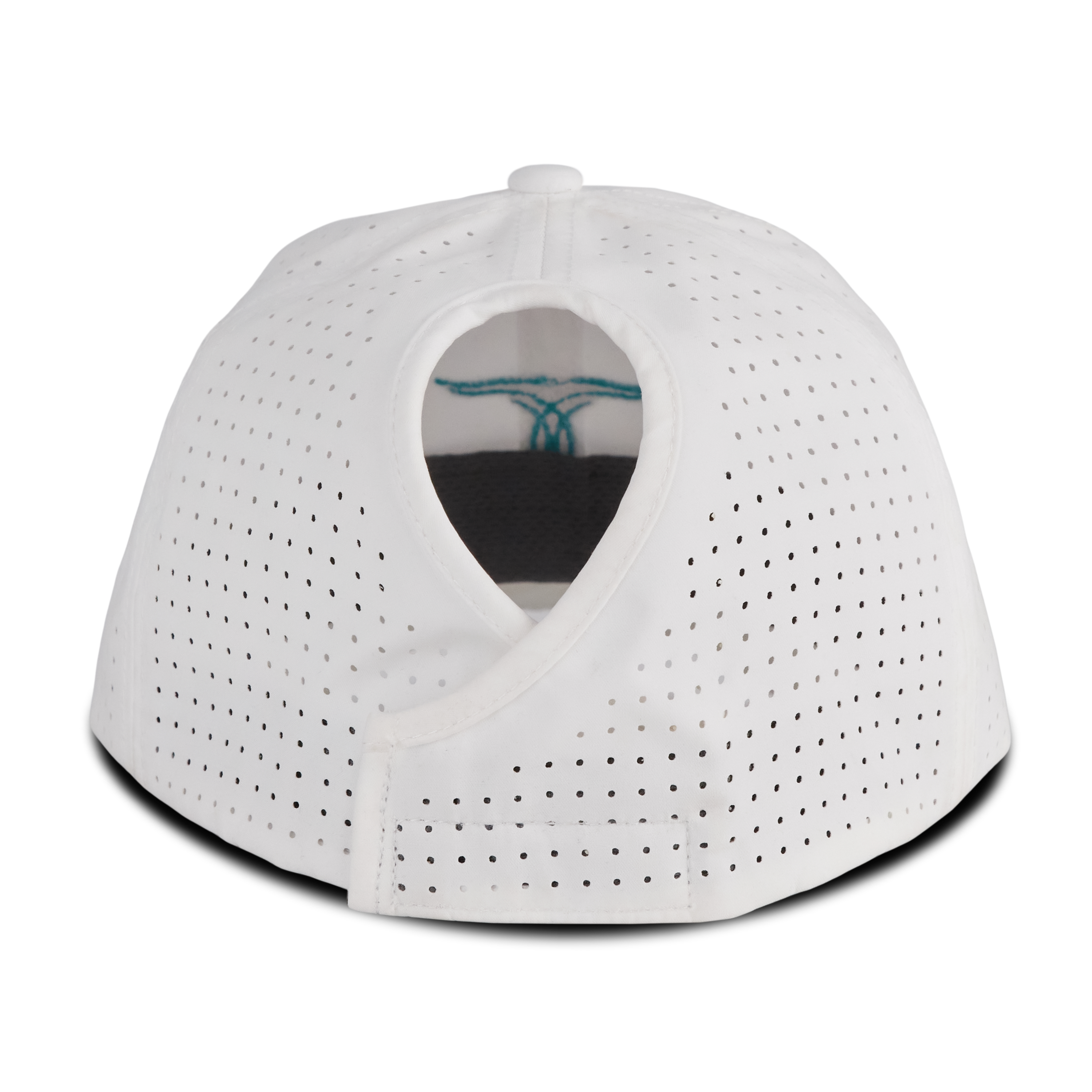 Back view of a white mesh ponytail hat with an open back slot for a ponytail, displayed on a transparent background