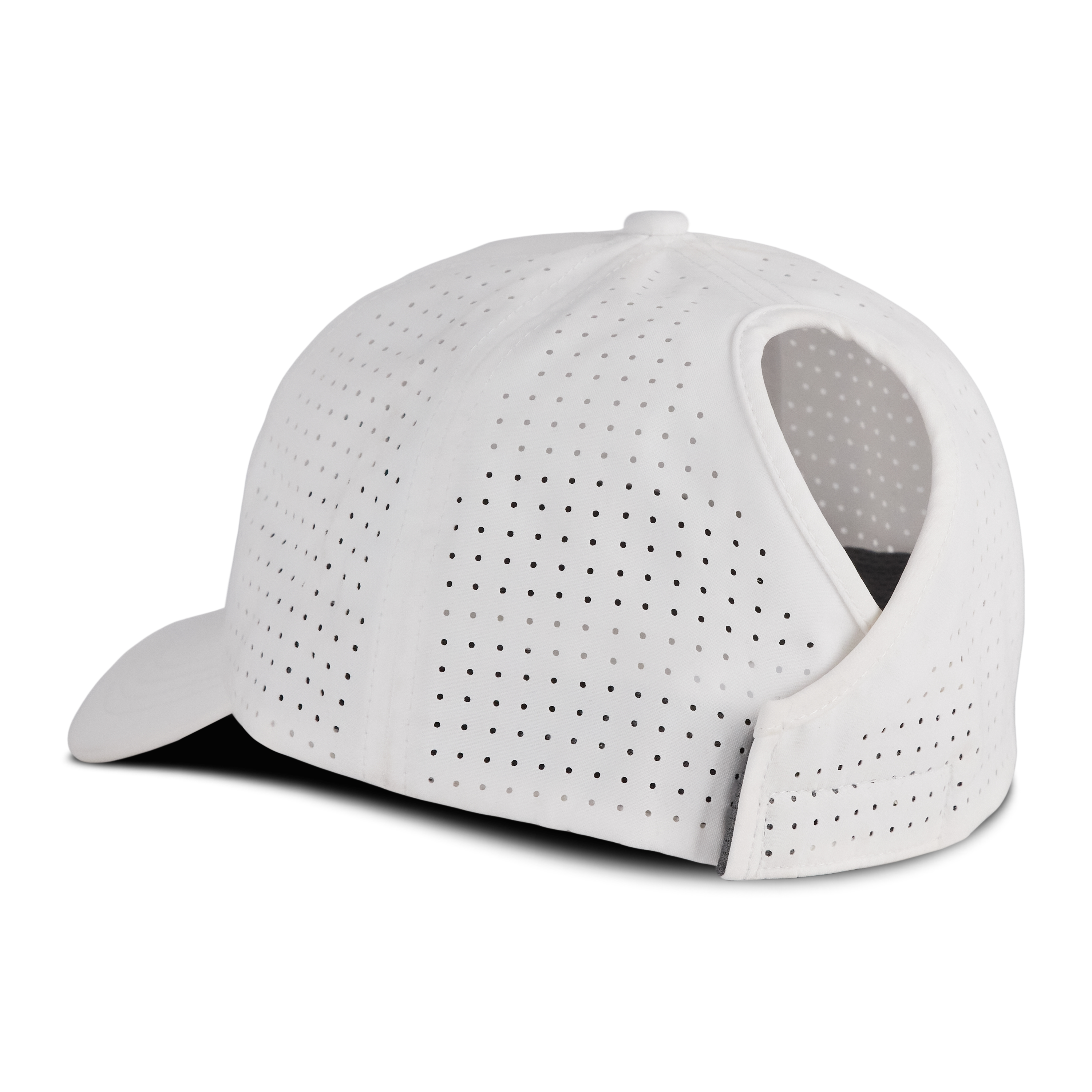 Back view of a white mesh ponytail hat with an open back slot for a ponytail and a curved brim, displayed on a transparent background