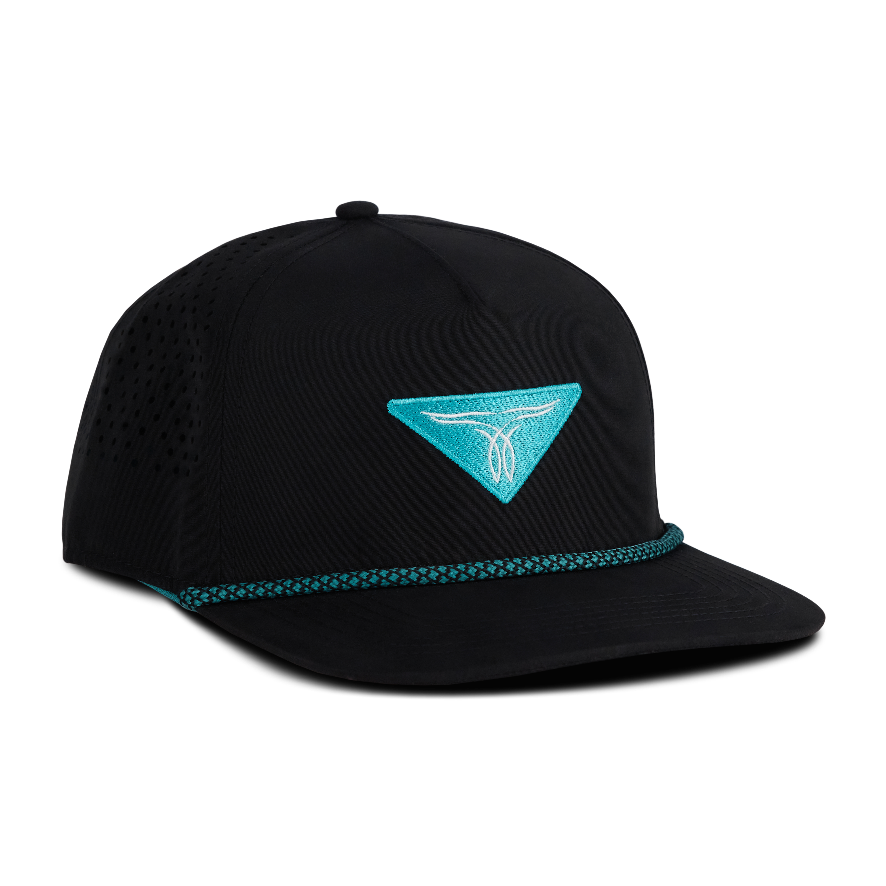 Front/side view of a black snapback hat with a turquoise embroidered logo on the front and a braided turquoise rope detail above the brim, with a mesh back