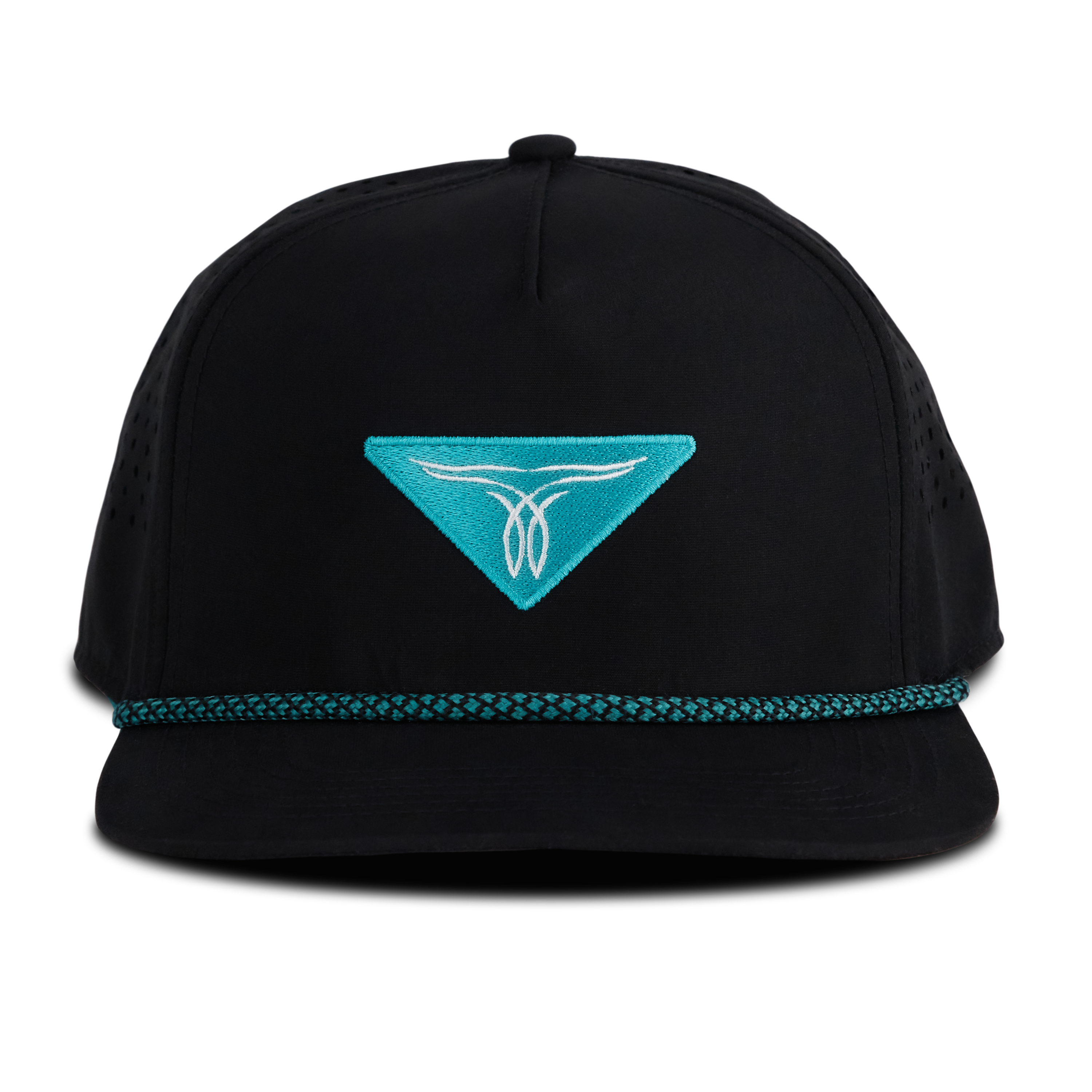 Front view of a black snapback hat with a turquoise embroidered logo on the front and a braided turquoise rope detail above the brim