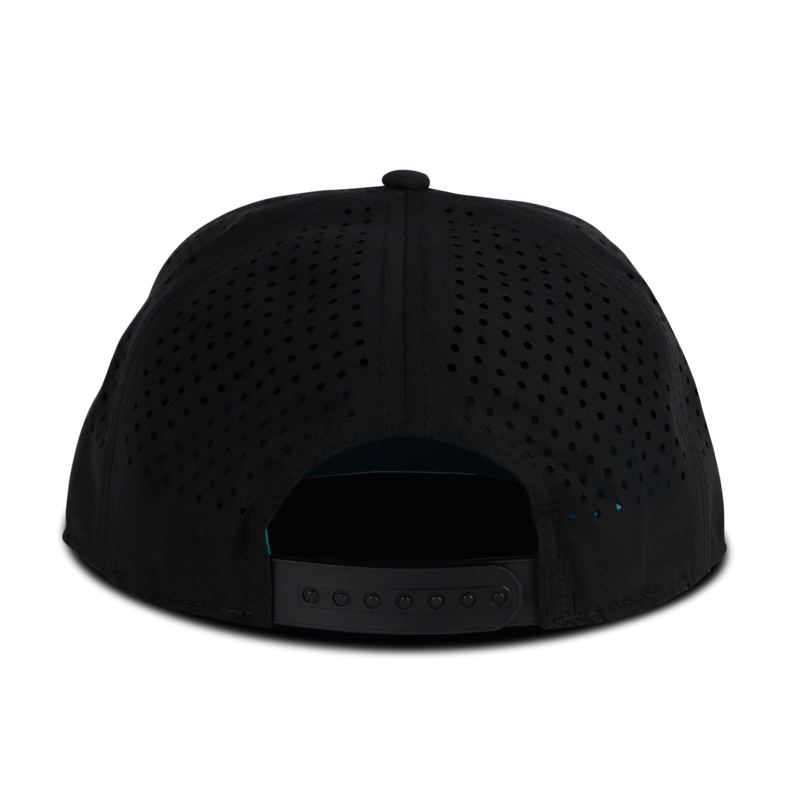 Back view of a black mesh snapback hat with an adjustable strap, displayed on a transparent background