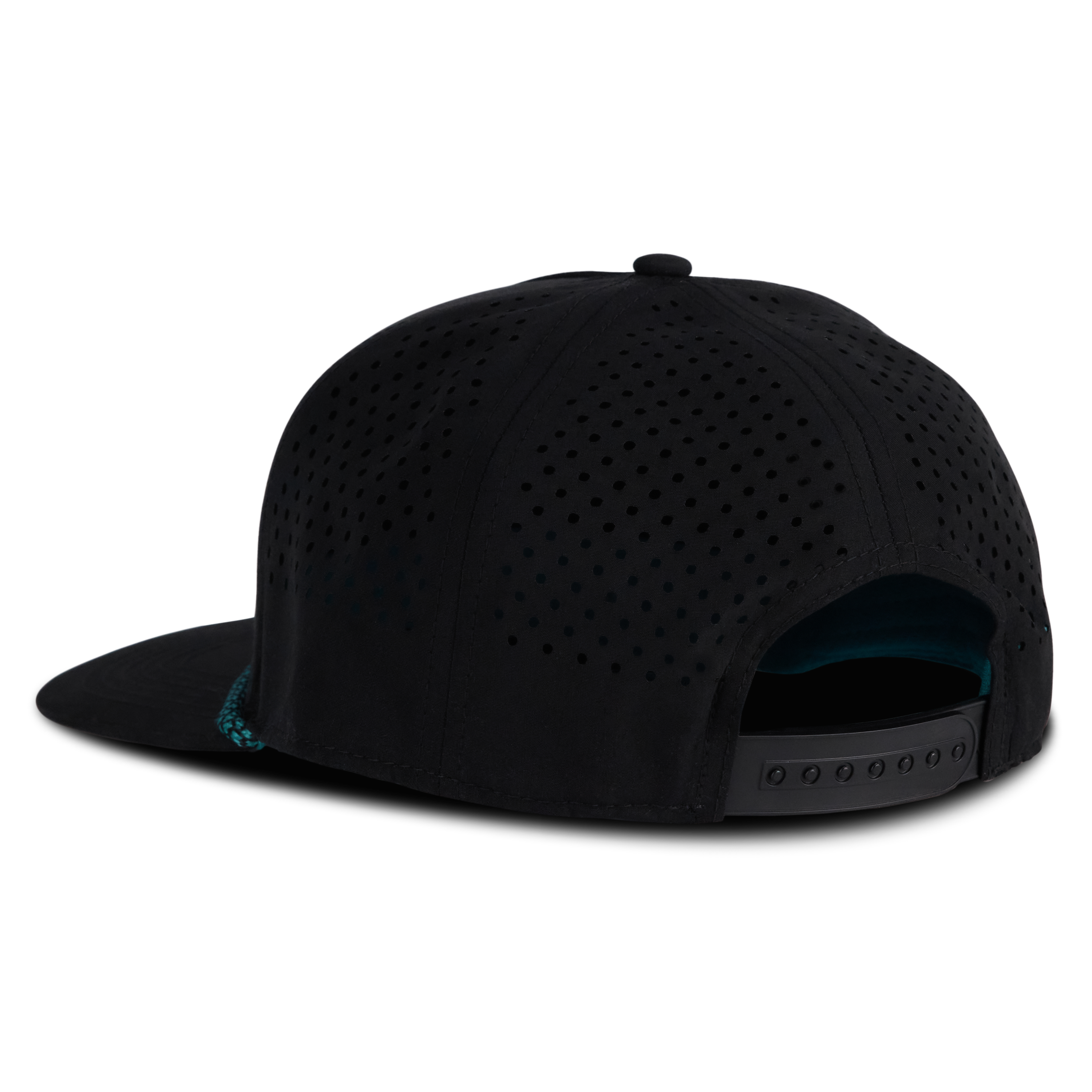 Back view of a black mesh snapback hat with an adjustable strap and flat brim