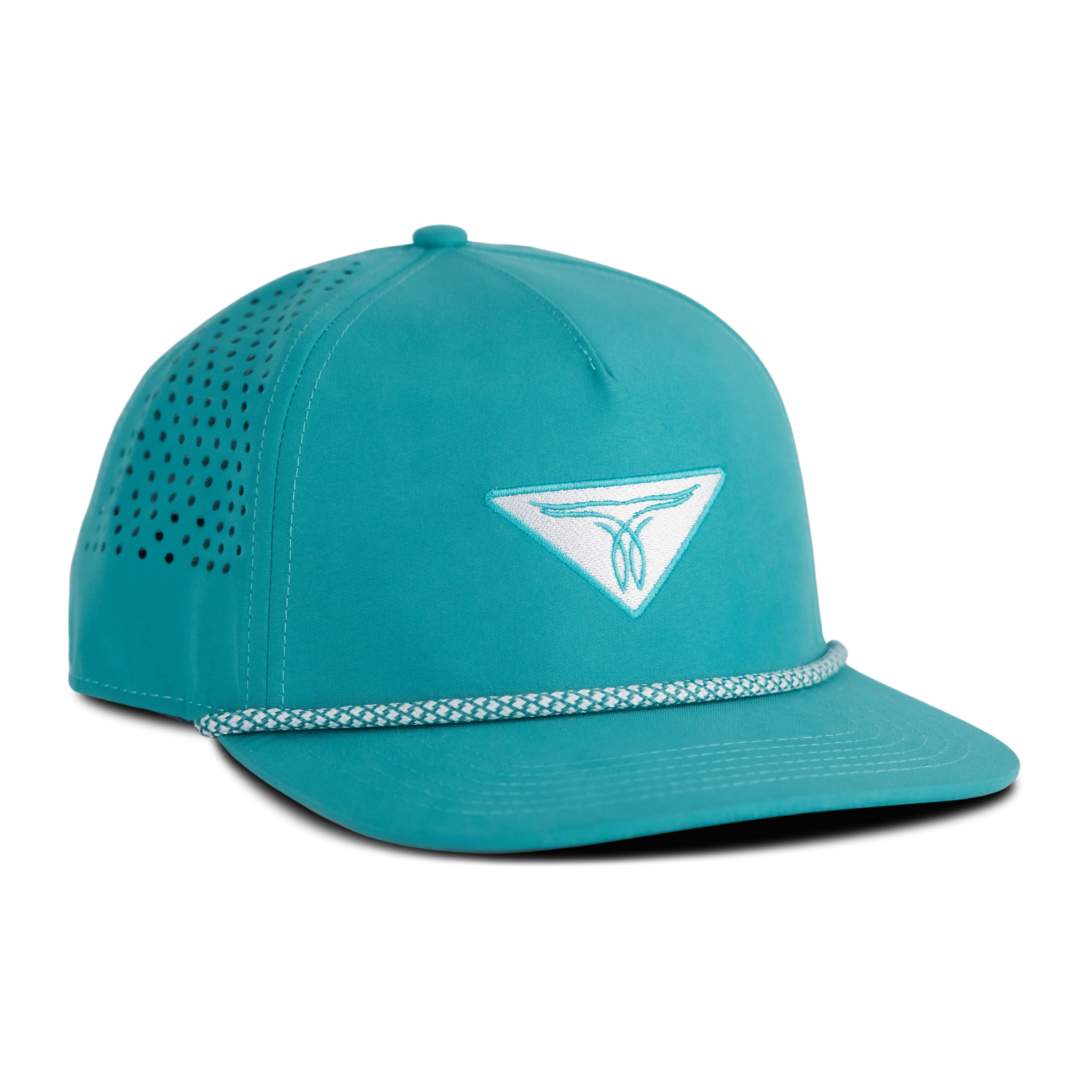 Front/side view of a turquoise snapback hat with a turquoise and white embroidered logo on the front and a braided turquoise rope detail above the brim, with a mesh back