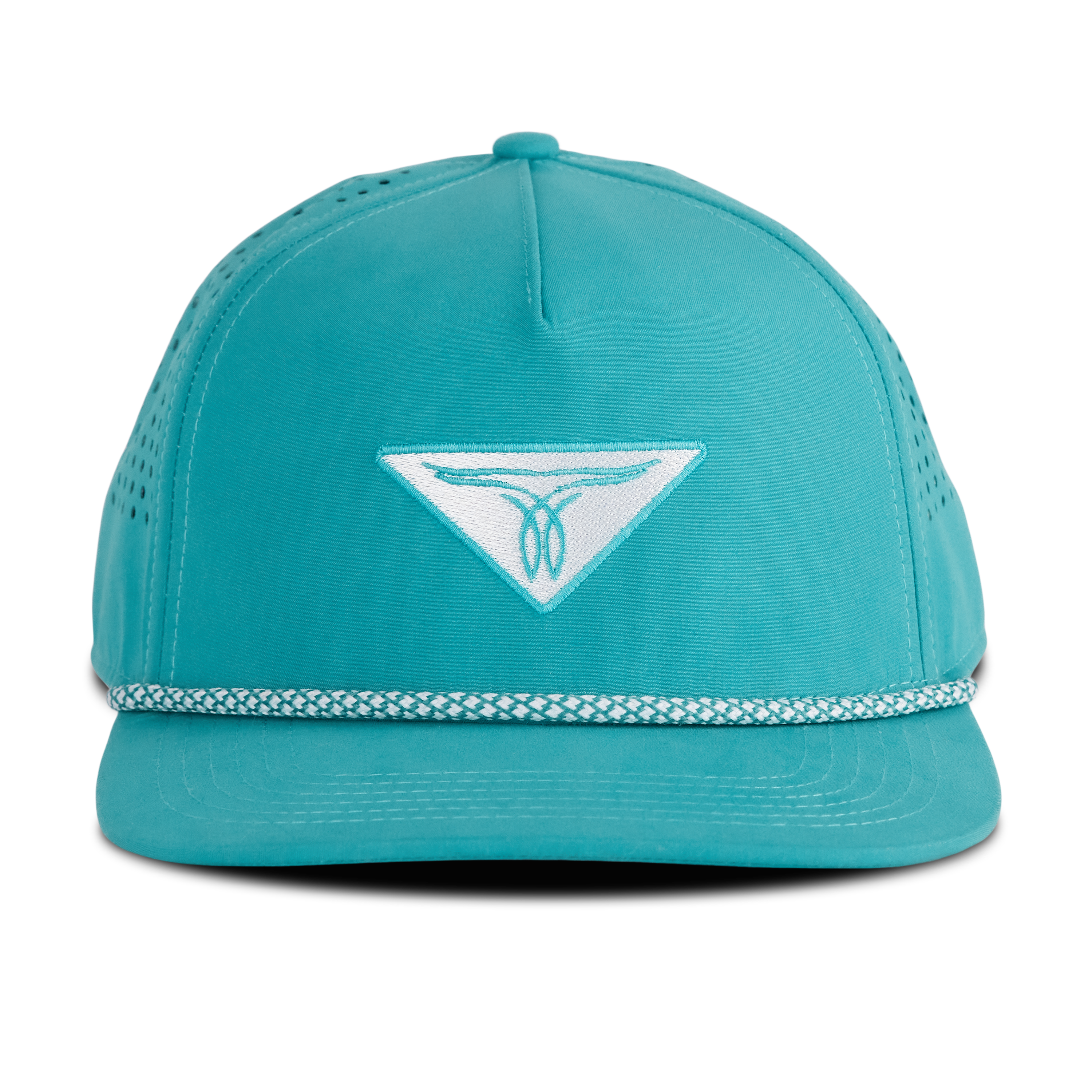 Front view of a turquoise snapback hat with a turquoise and white embroidered logo on the front and a braided turquoise rope detail above the brim