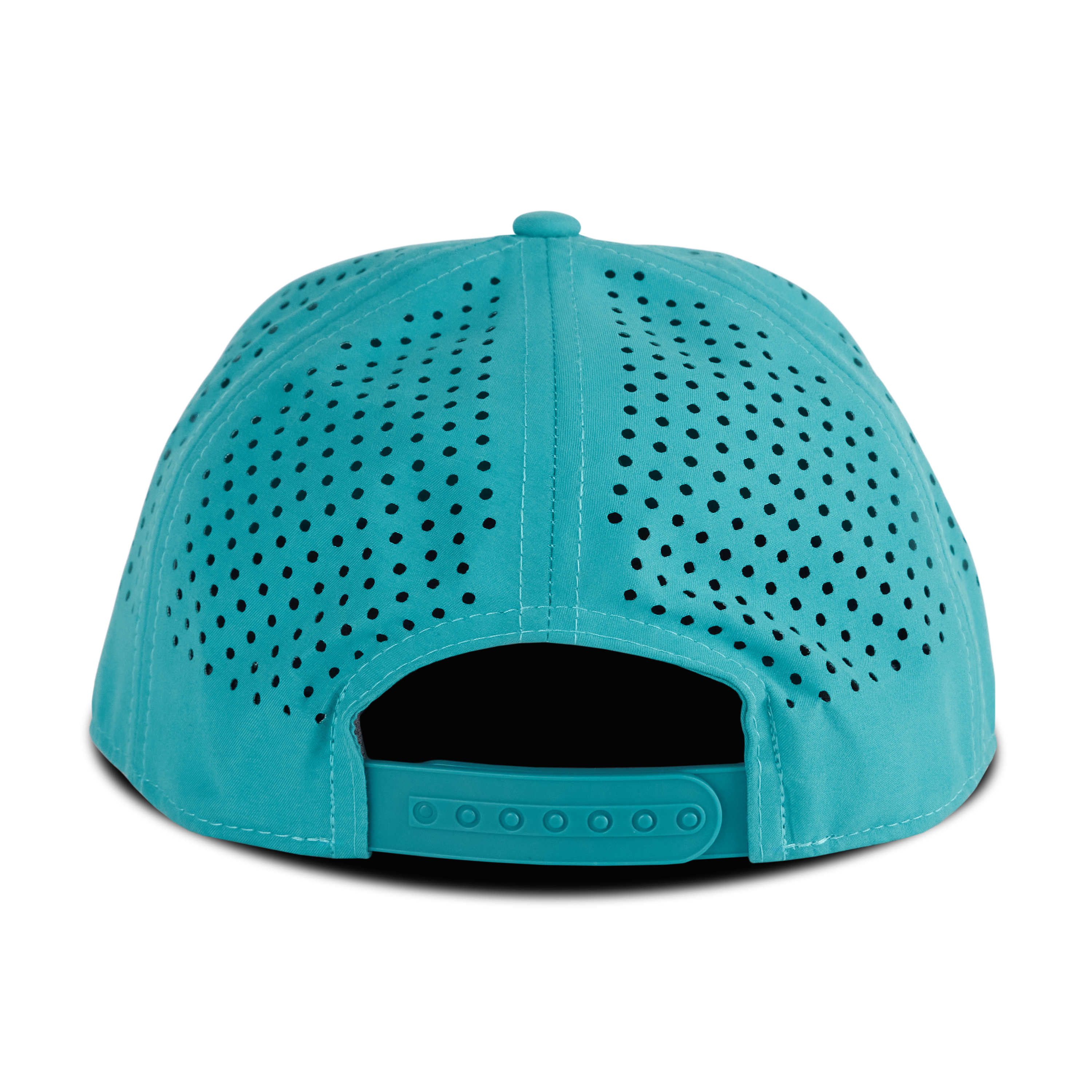 Back view of a turquoise mesh snapback hat with an adjustable strap, displayed on a transparent background