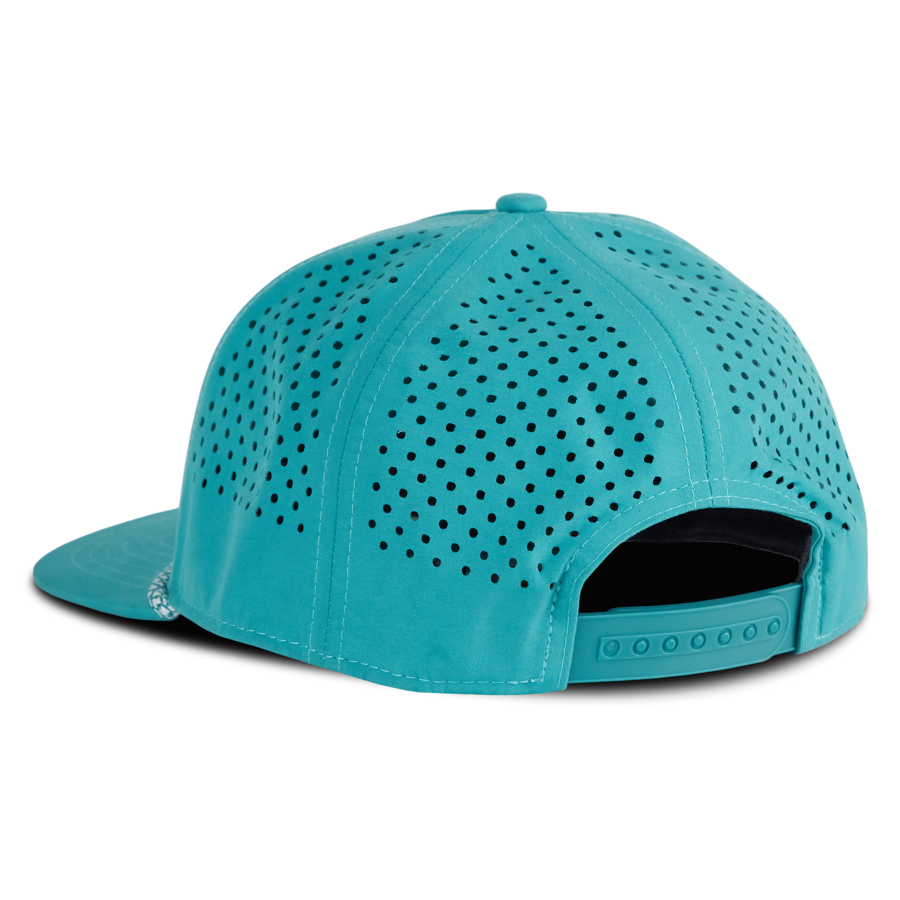 Back view of a turquoise mesh snapback hat with an adjustable strap and flat brim
