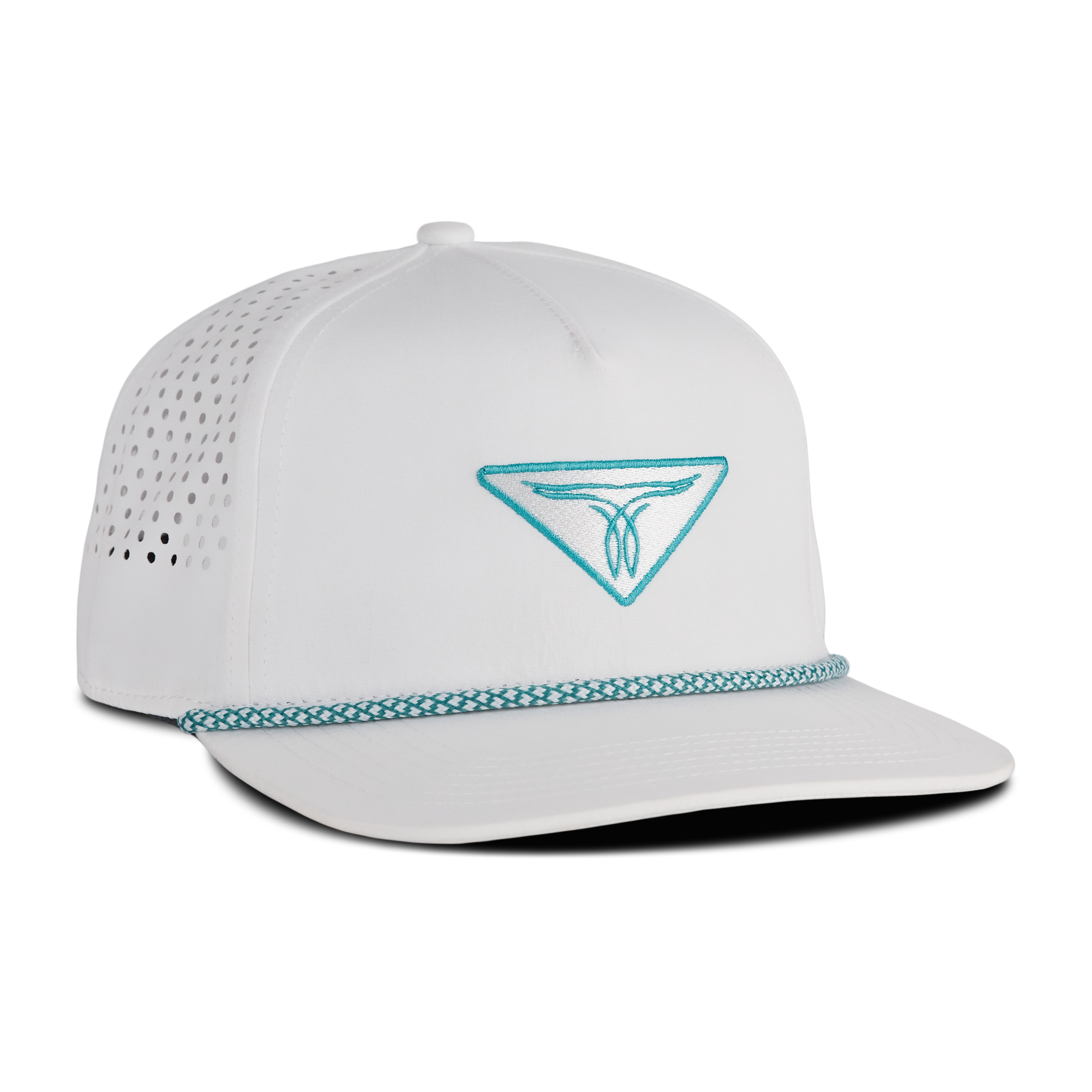 Front/side view of a white snapback hat with a turquoise embroidered logo on the front and a braided turquoise rope detail above the brim, with a mesh back
