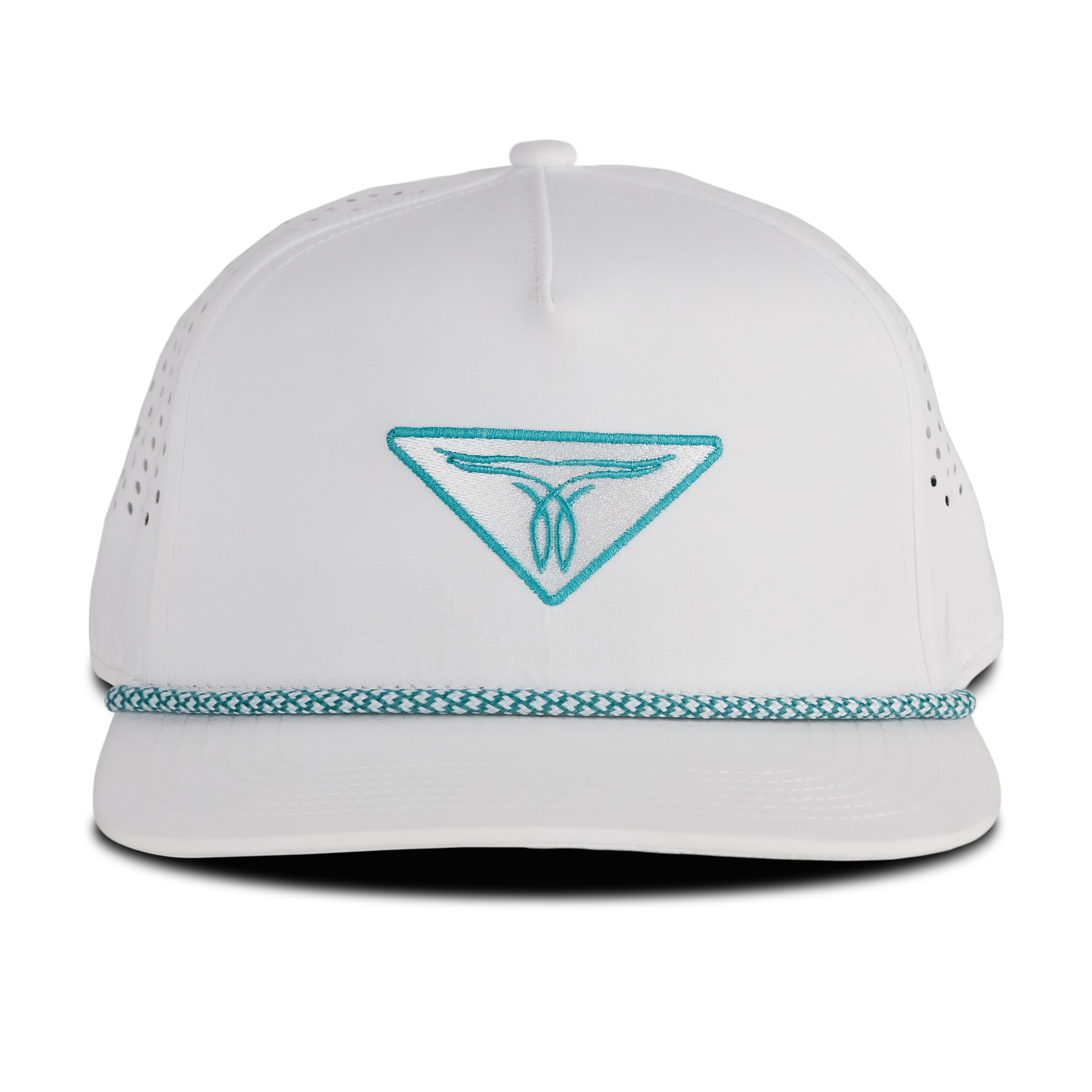 Front view of a white snapback hat with a turquoise embroidered logo on the front and a braided turquoise rope detail above the brim