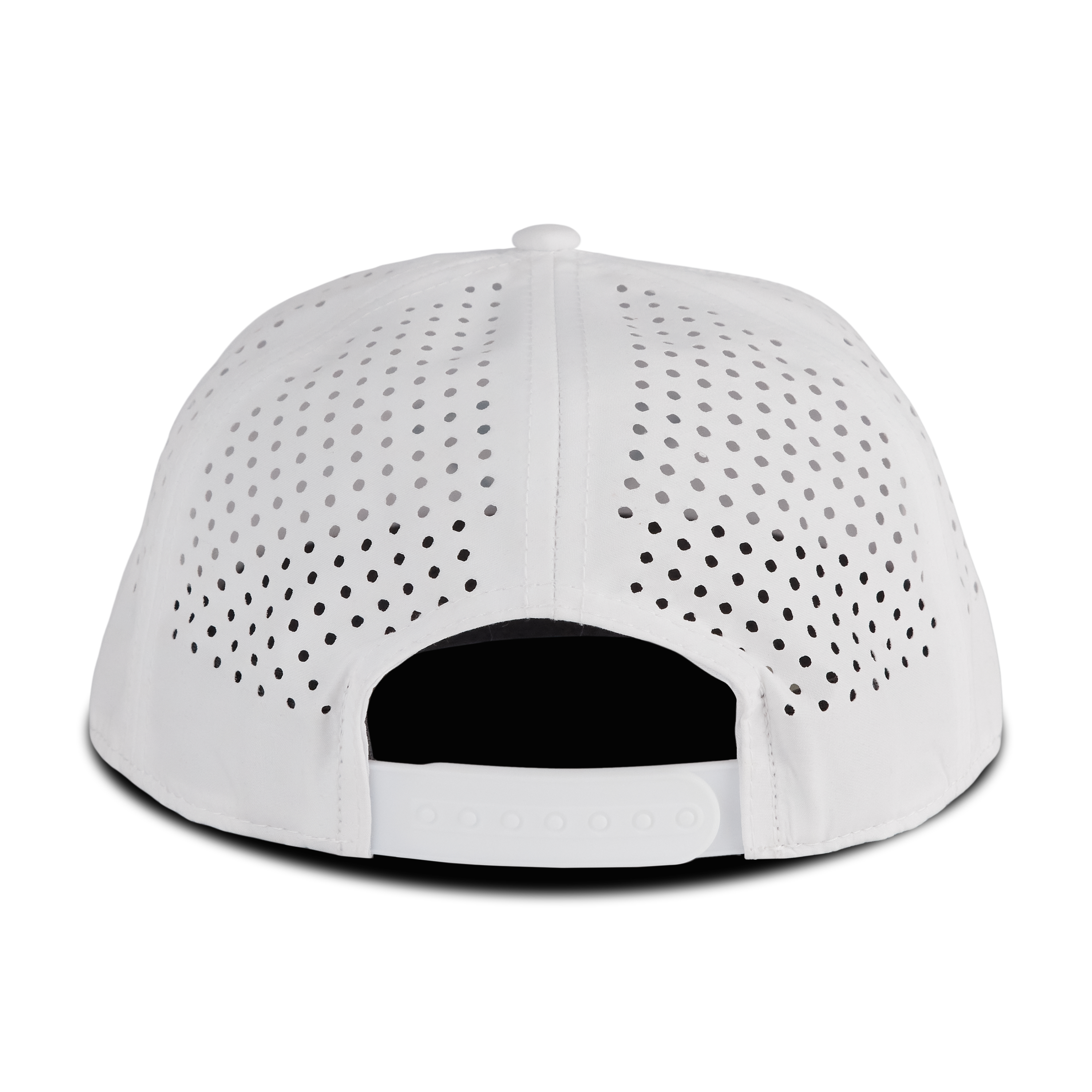 Back view of a white mesh snapback hat with an adjustable strap, displayed on a transparent background