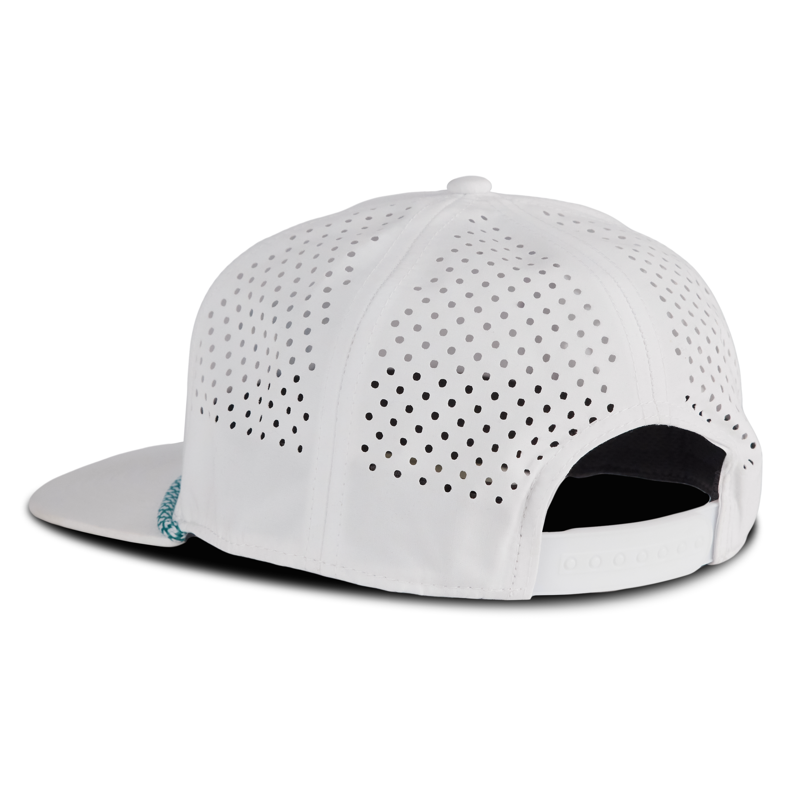 Back view of a white mesh snapback hat with an adjustable strap and flat brim