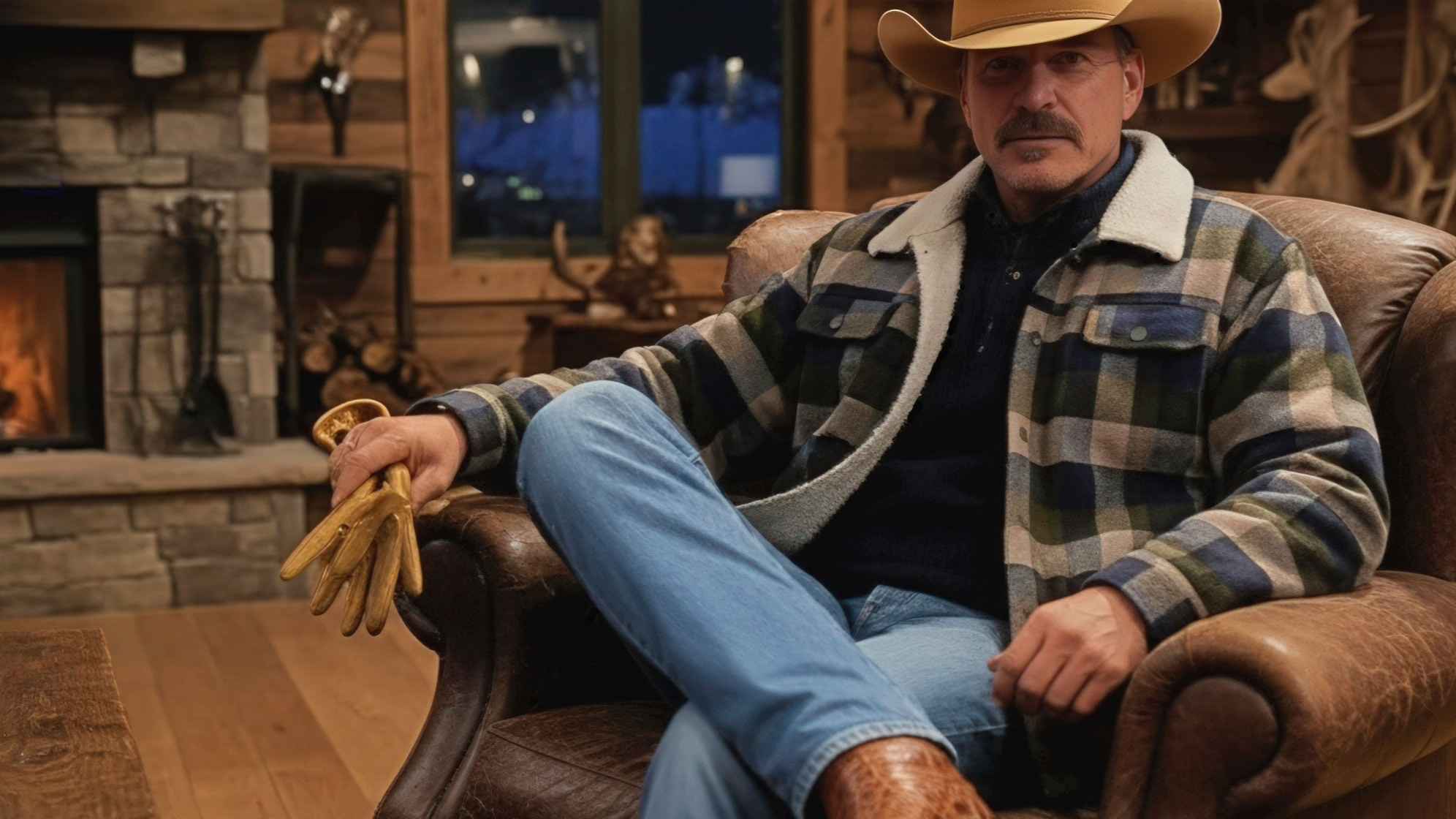 A man wearing a cowboy hat, plaid jacket, and jeans sits in a leather chair holding gloves, with a stone fireplace and rustic wooden interior in the background