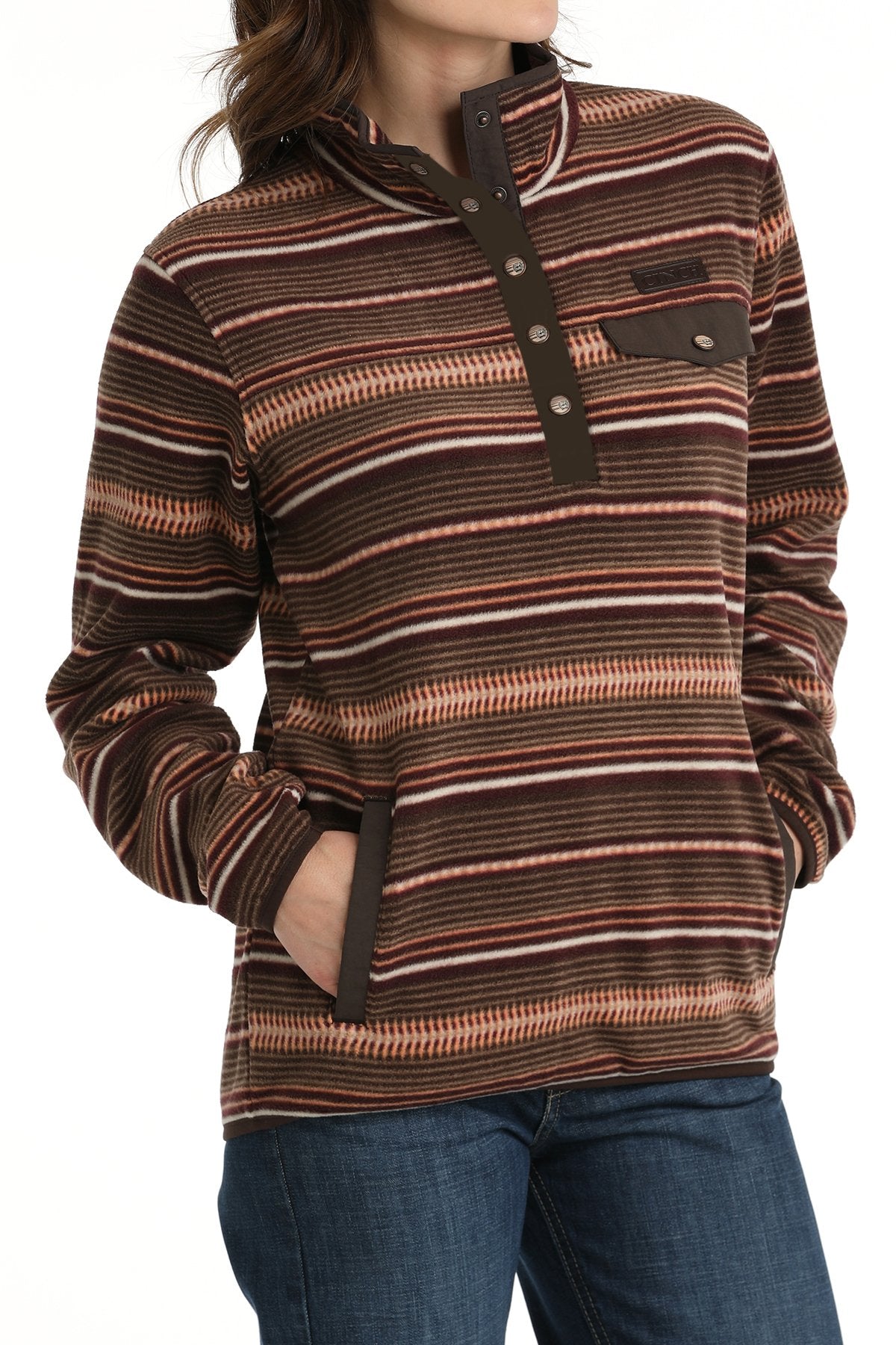 CINCH LADIES PRINT FLEECE PULLOVER - BROWN