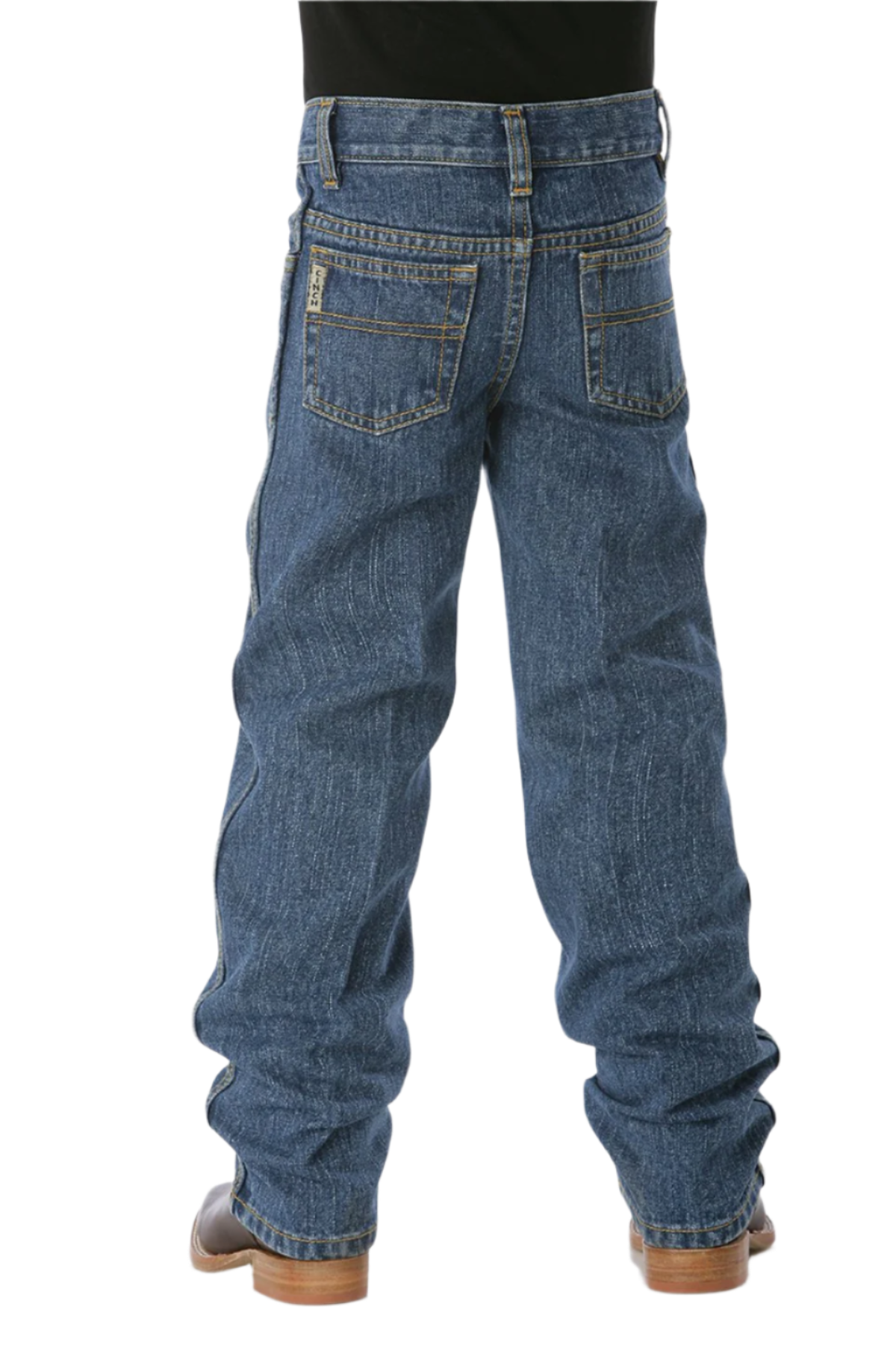 Child wearing medium wash Cinch jeans with boots