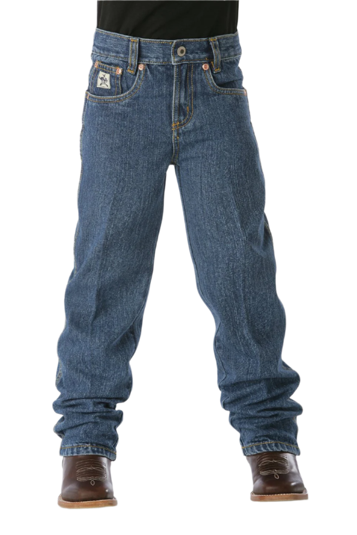 Child wearing medium wash Cinch jeans with boots