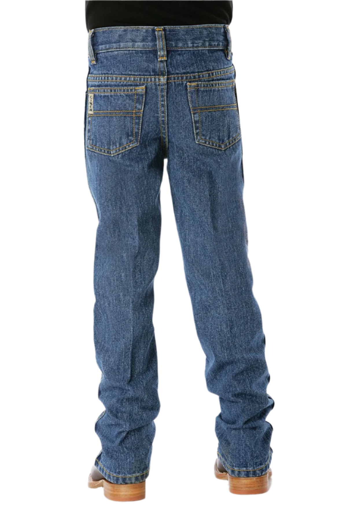 Child wearing medium stone wash Cinch jeans with boots