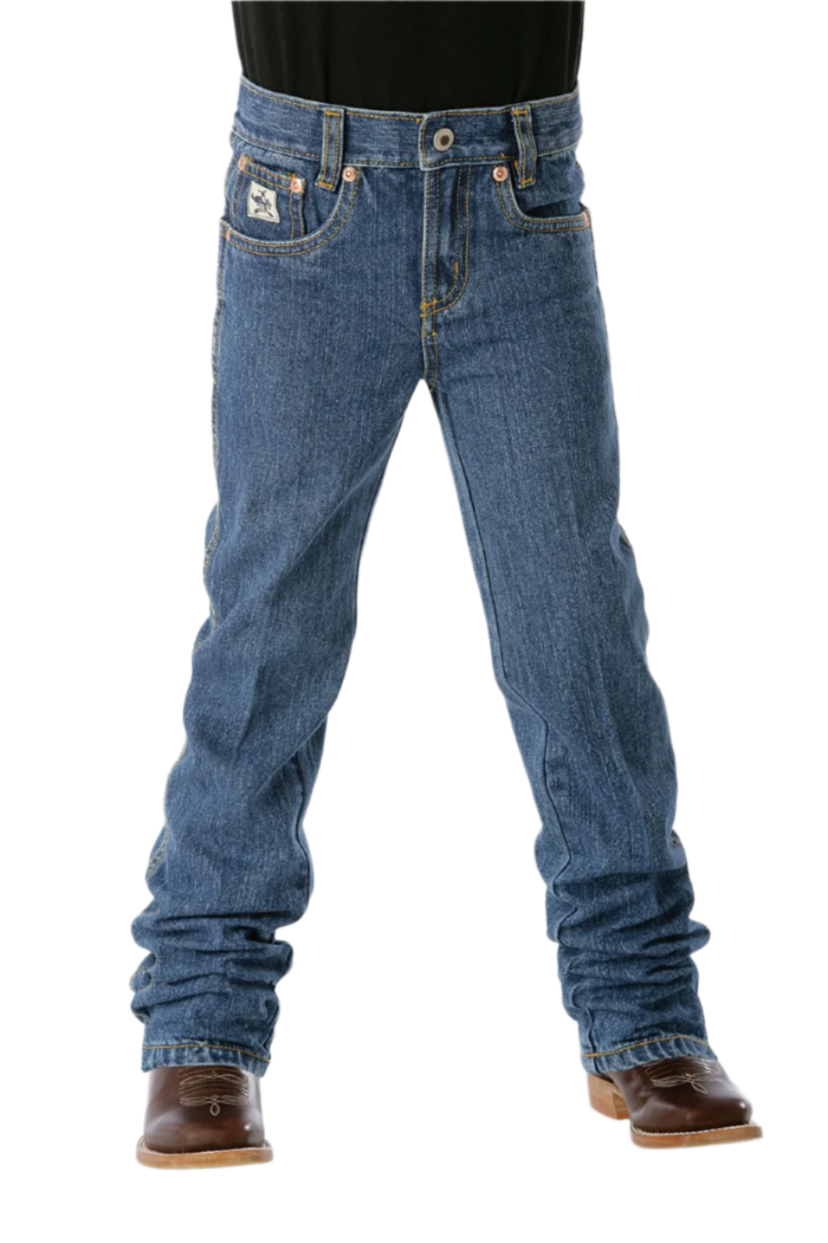 Child wearing medium wash Cinch jeans with boots