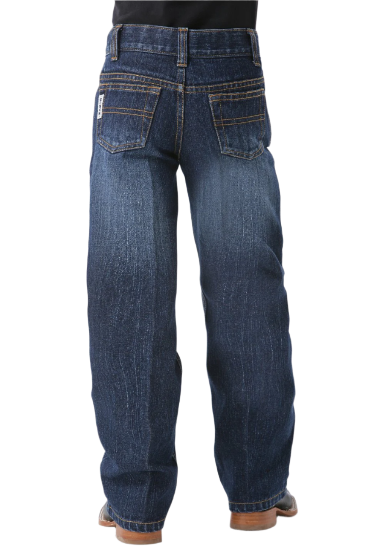 Child wearing dark wash Cinch jeans with boots