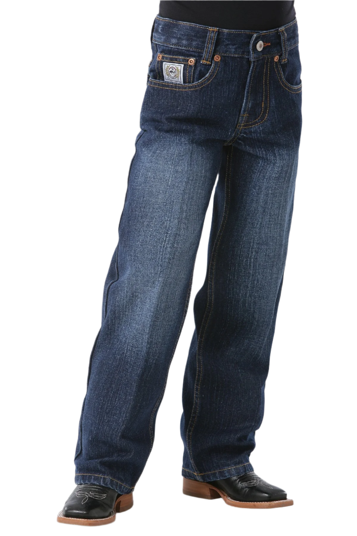 Boy wearing dark wash jeans and boots