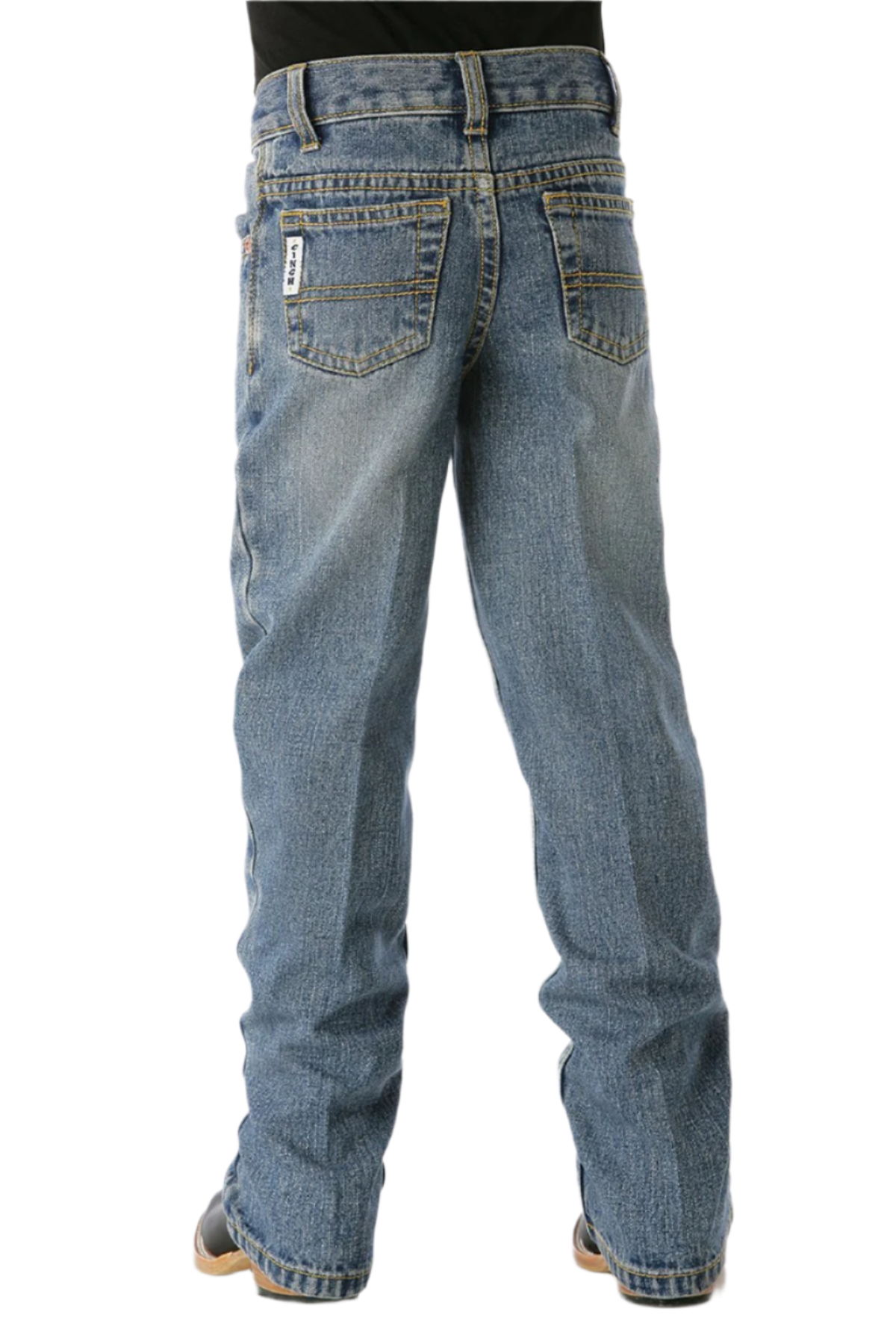 Child wearing light stone wash Cinch jeans with boots
