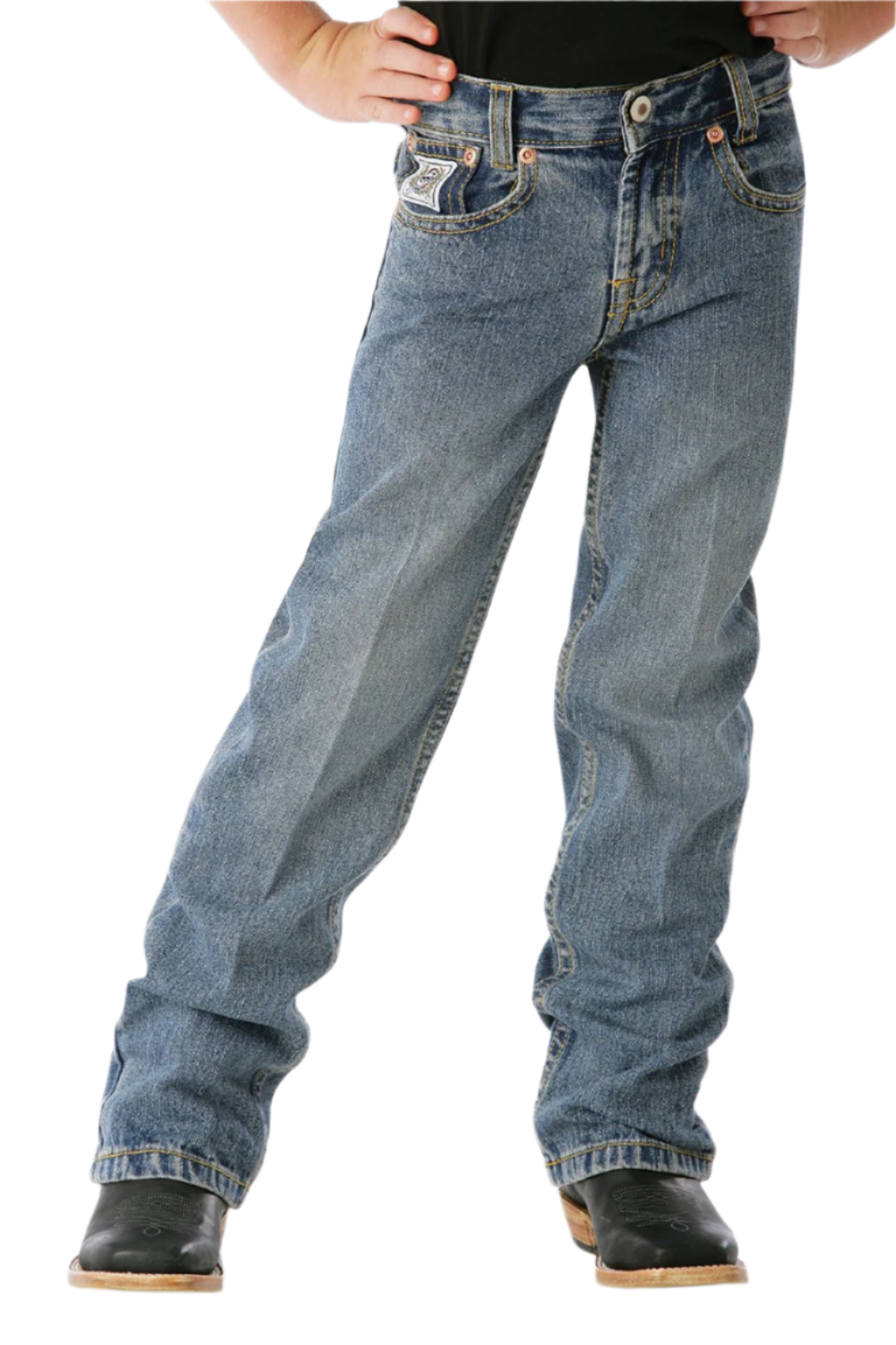 Child wearing light stone wash Cinch jeans with boots