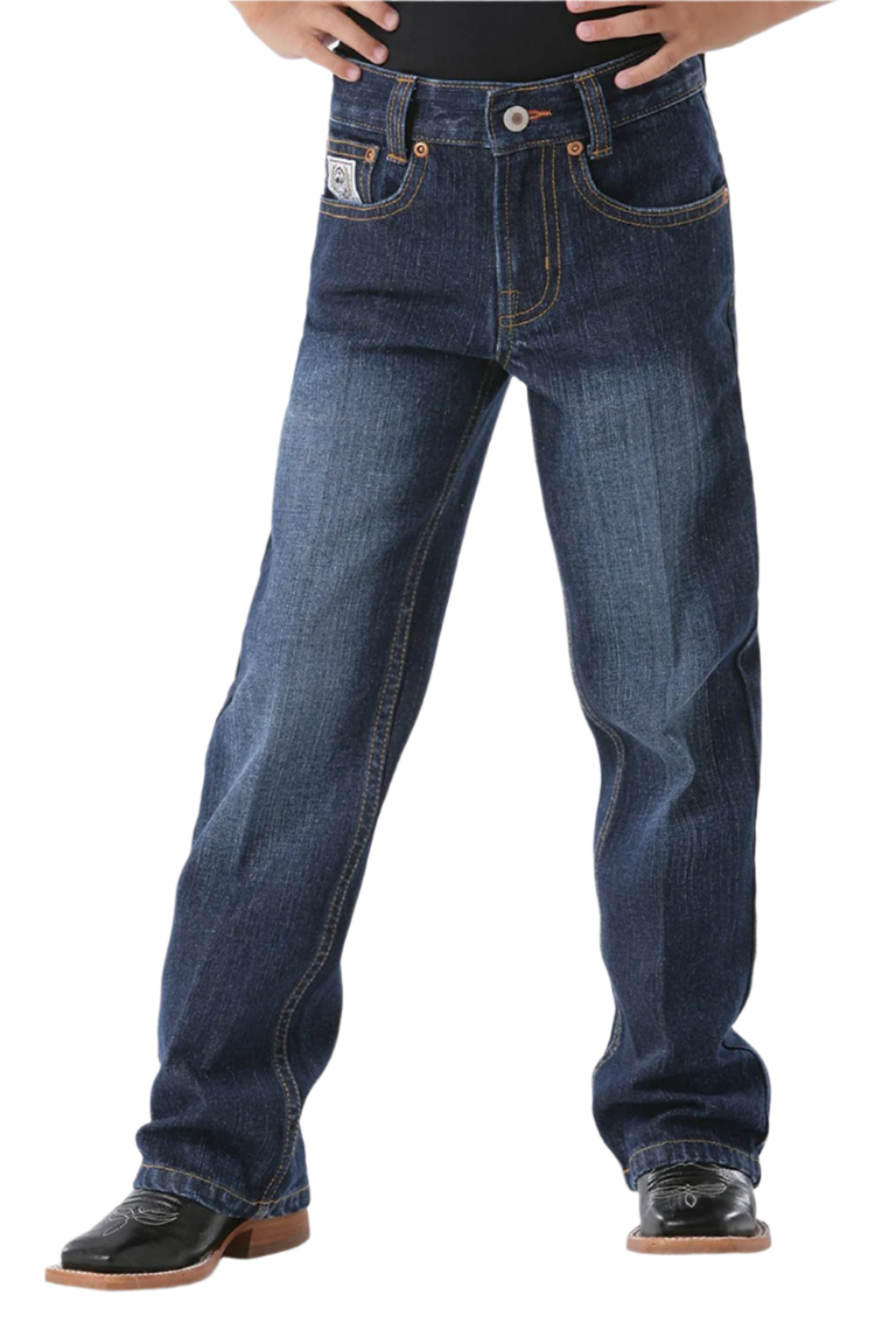 Boy wearing dark wash jeans and boots