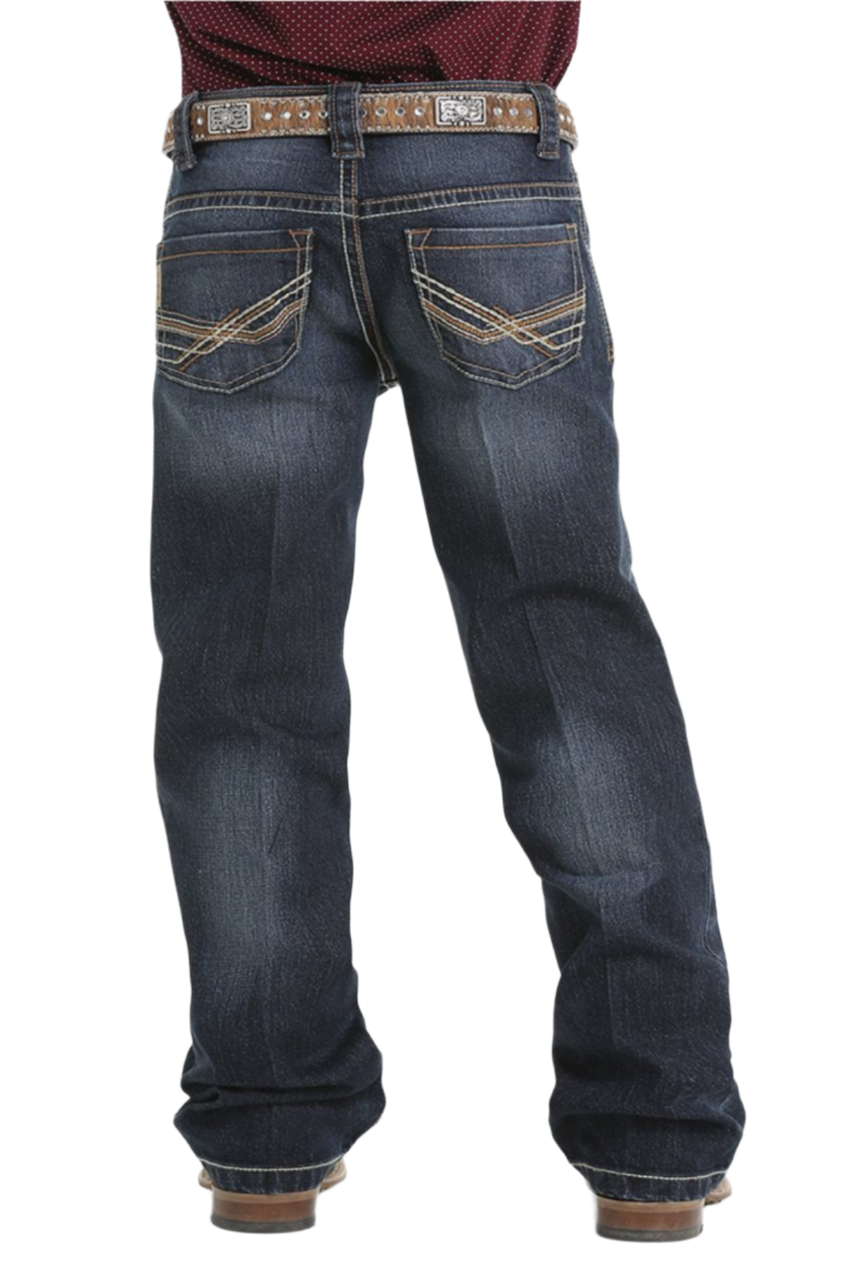 Boy wearing dark wash jeans and boots with a maroon long sleeve shirt and western belt