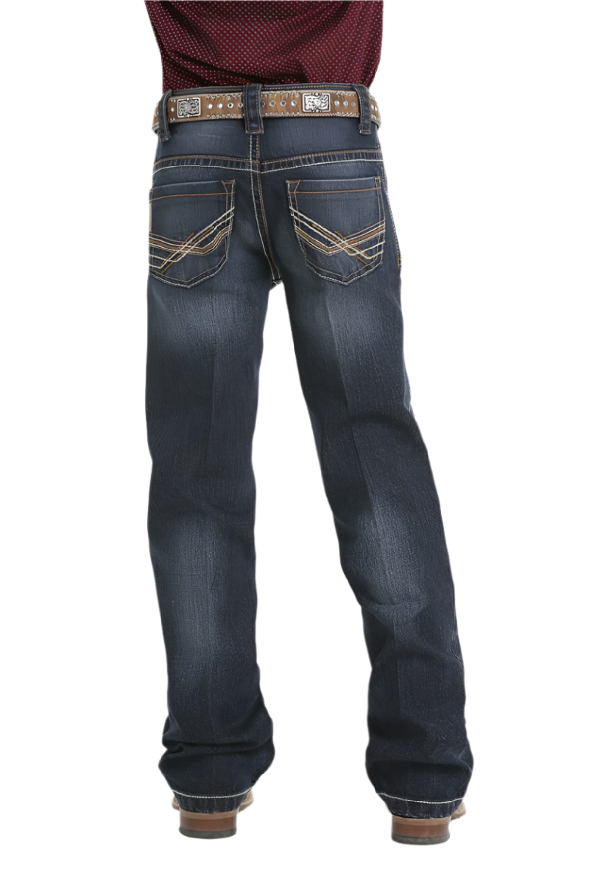 Boy wearing dark wash jeans and boots with a maroon long sleeve shirt and western belt