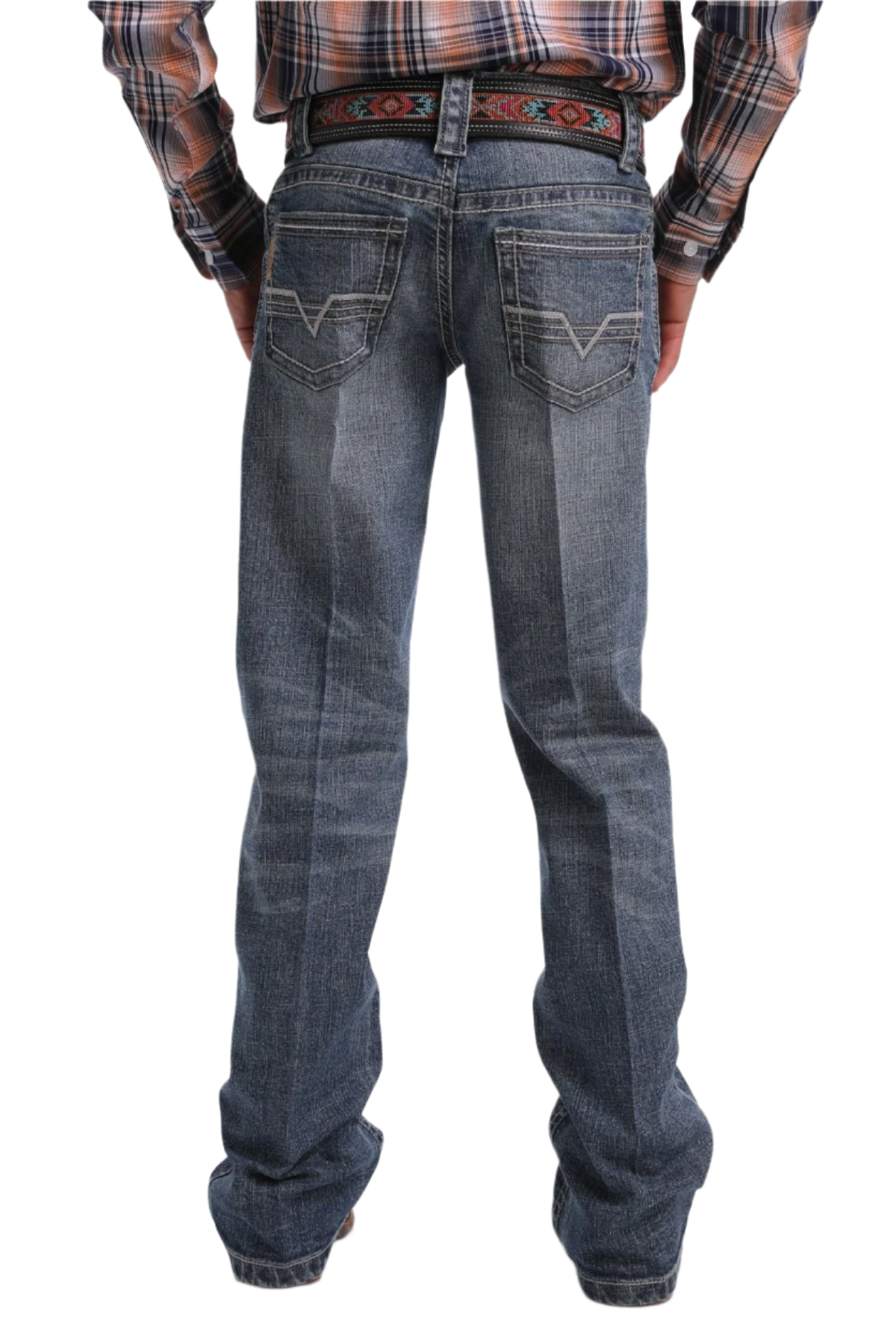Child wearing medium stone wash Cinch jeans with boots