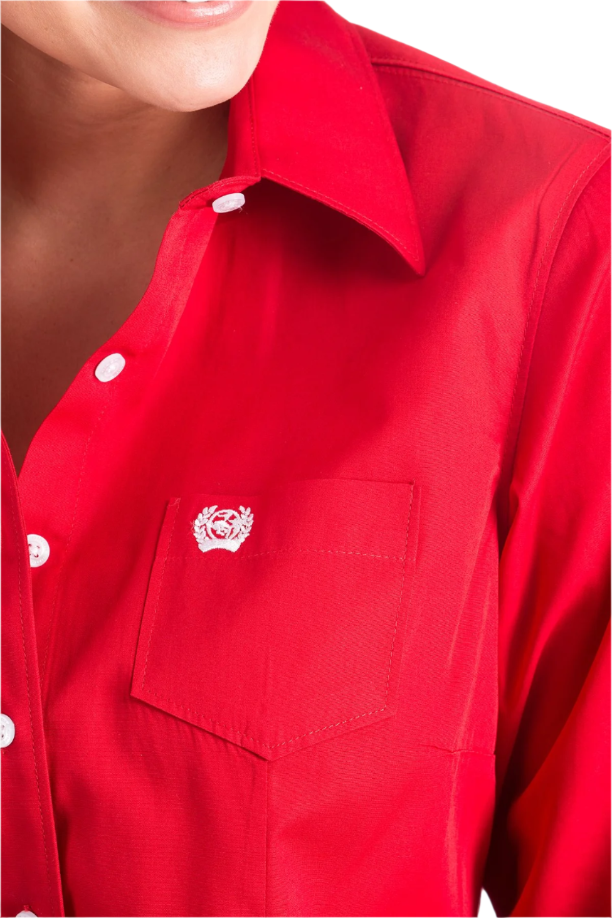 Close-up of a woman wearing a red button down shirt