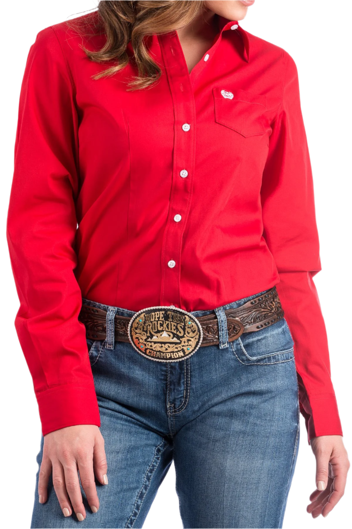 Woman wearing a red button down shirt with jeans and a western belt