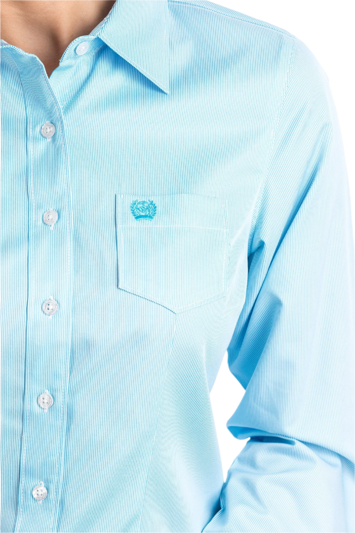 Close-up of a woman wearing a light blue button down shirt