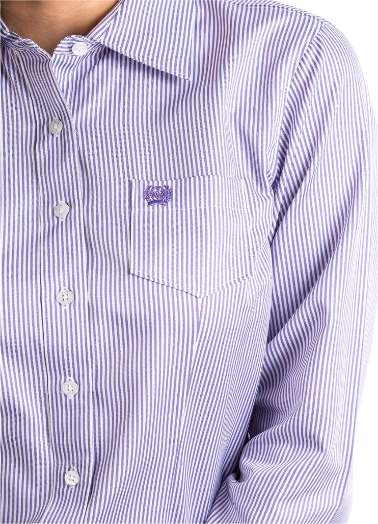 Close-up of a woman wearing a purple button down shirt